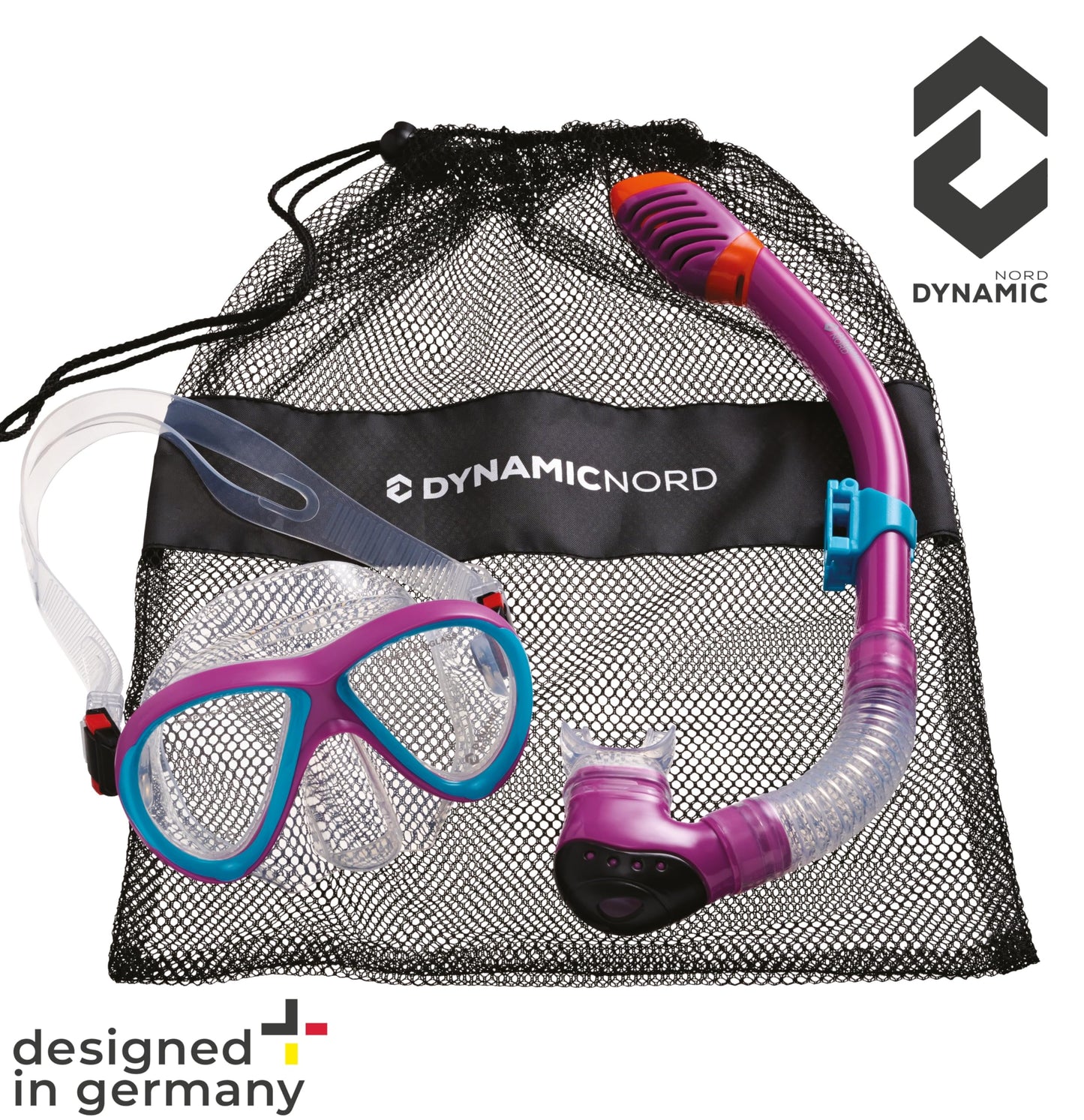 DYNAMICNORD - Kinder Schnorchelset – Designed in Germany – Profi Silikon 2er Set Tauchset Schnorchelset für Kinder (Taucherbrille, Trocken Schnorchel & Netztasche) mit Dry Schnorchel & Sicherheitsglas