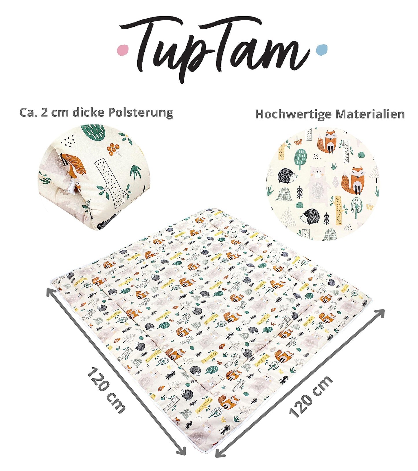 TupTam Krabbeldecke für Baby 120x120 cm - Gepolsterte Spieldecke Baby Baumwolle, XXL, OEKO-TEX, Weich & Hautfreundlich, Farbe: Wald/Beige - Meloni2