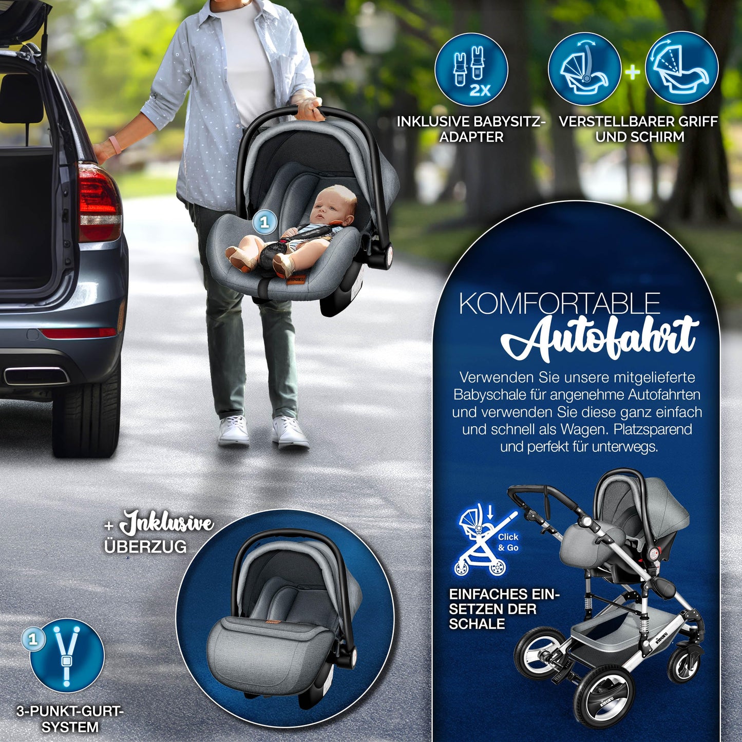 KIDUKU® 3-in-1 Stroller Complete Set | Combi Stroller Set including Carrycot & Buggy, Sports Seat & Car Seat, Footmuff | Solid Rubber Tires, Changing Bag, Hand Warmers, Rain Cover, Children's Table, ECE R129