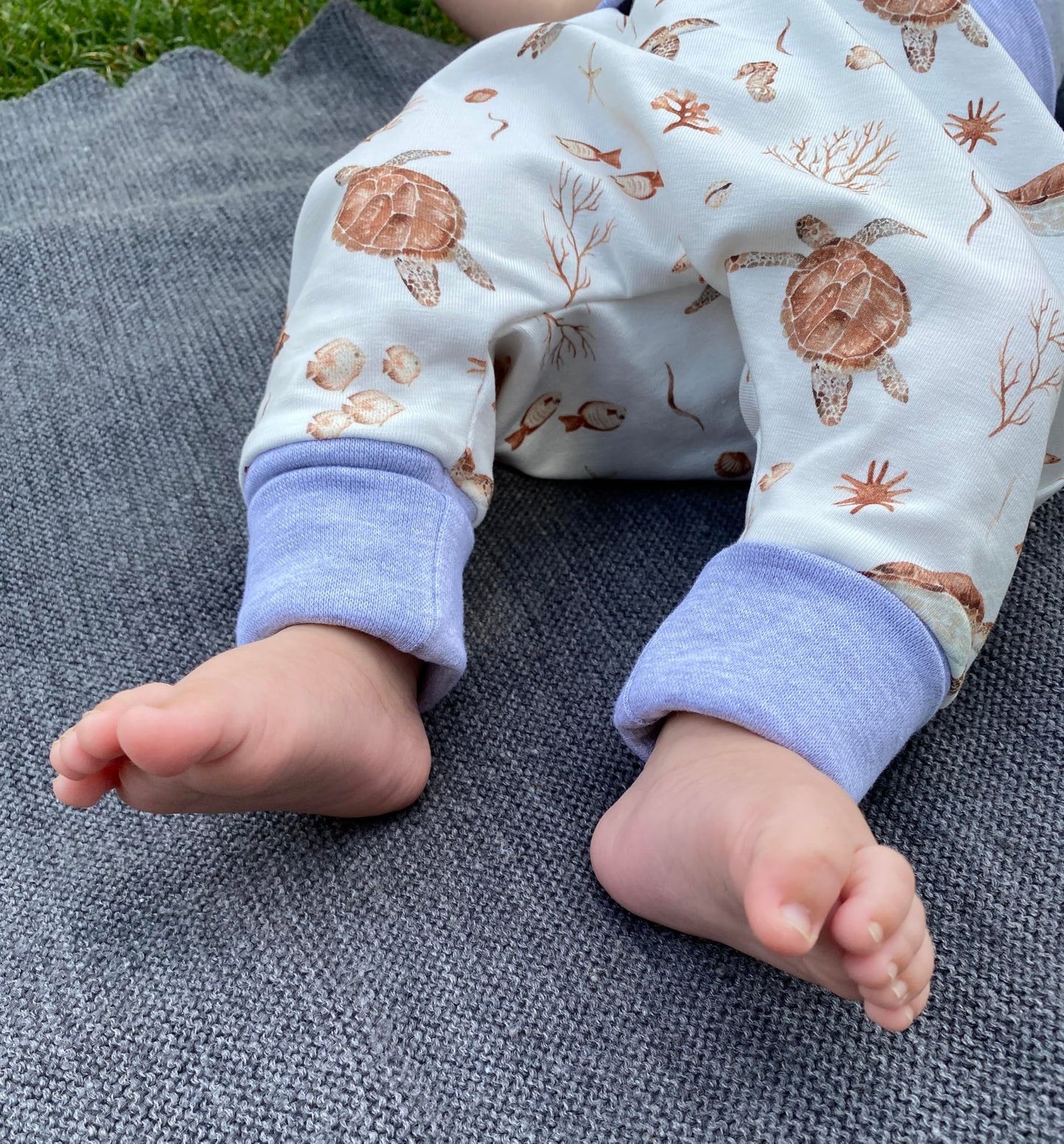 Handmade Baby Baggy Trousers, Handmade Cotton Jersey Grows with Your Gown, Sizes 50-74, 68-86, 92-104, Fairly Produced in Germany (Sea Creatures, 50-74)