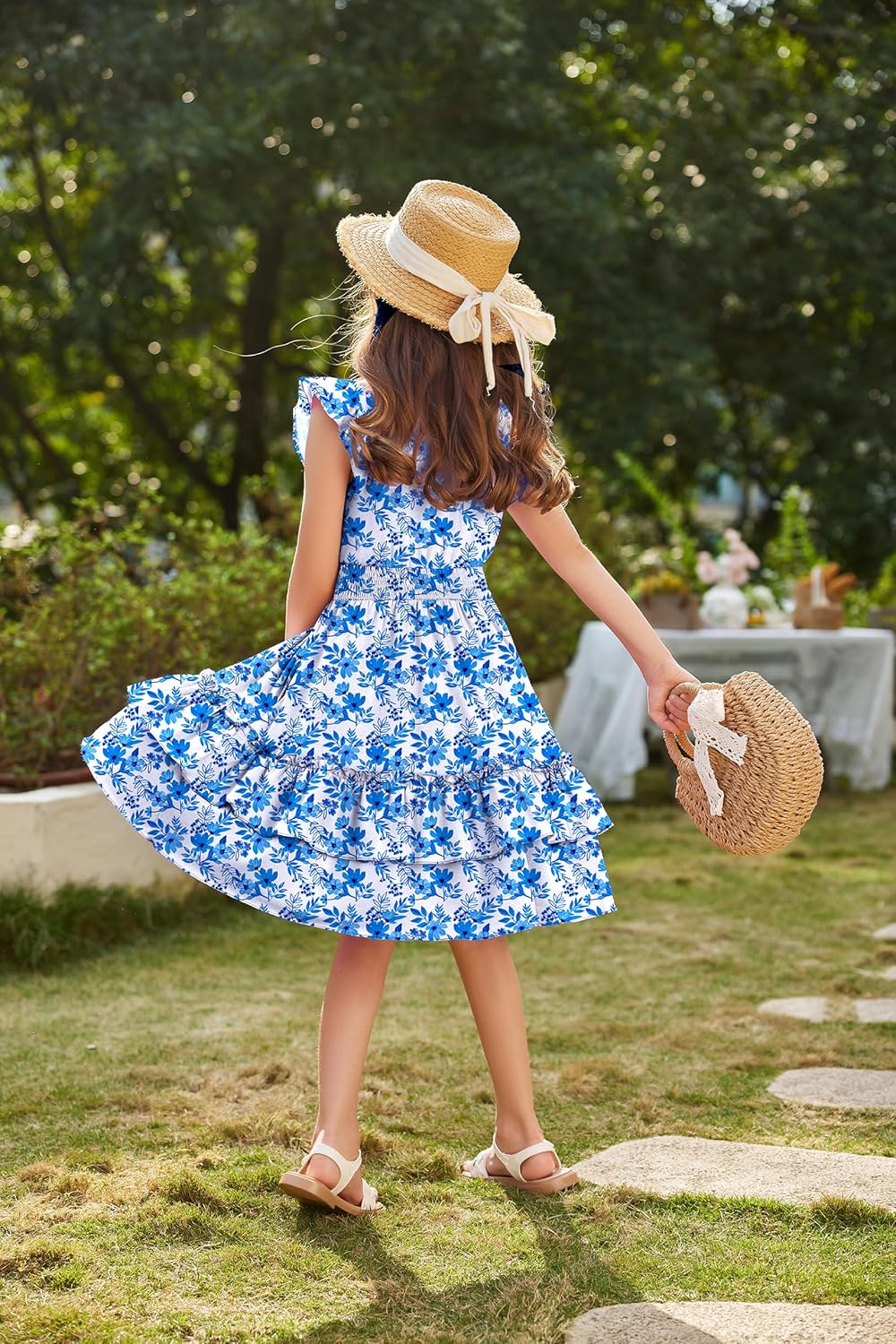 Arshiner Girls Dresses Flutter Sleeves Kids Summer Cotton Formal Dress A-Line Waist Lace-up Casual Dress Swing Dress Elegant Sleeveless Dress for Girls 5-13 Years