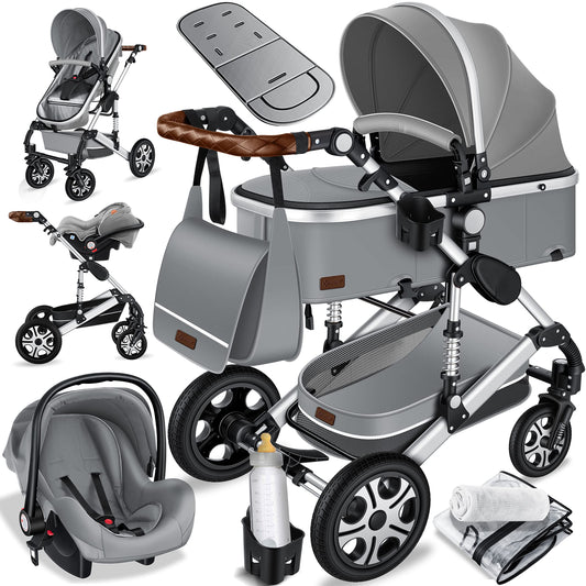 KESSER® Loops 3 in 1 Kinderwagen Kombikinderwagen Komplett-Set inkl. Babywanne & Buggy Sportsitz & Auto-Babyschale Voll-Gummireifen Wickeltasche Regenschutz Kindertisch ECE R129, Schwarz/Champagne - Meloni2