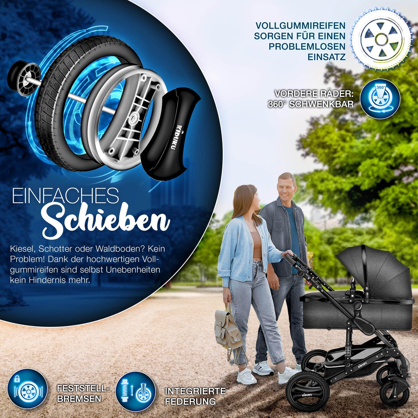 KIDUKU® 3-in-1 Stroller Complete Set | Combi Stroller Set including Carrycot & Buggy, Sports Seat & Car Seat, Footmuff | Solid Rubber Tires, Changing Bag, Hand Warmers, Rain Cover, Children's Table, ECE R129