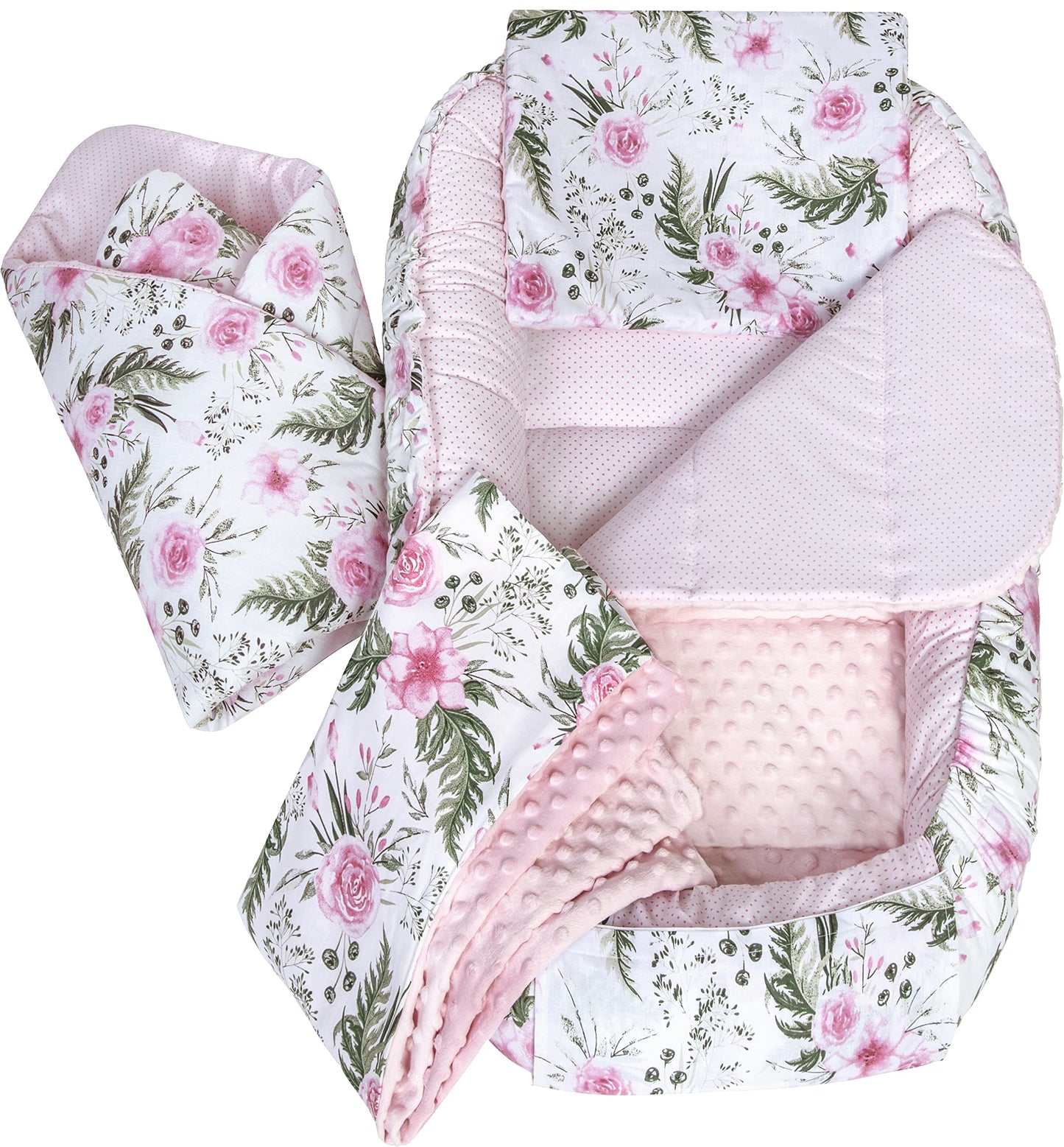 Medi Partners Babynestchen Babynest Set 100x60x15 Kuschelnest 5 teilig herausnehmbarer Einsatz Kokon Nestchen Babys Neugeborene 100% Baumwolle (REH mit Grauem Minky) - Meloni2