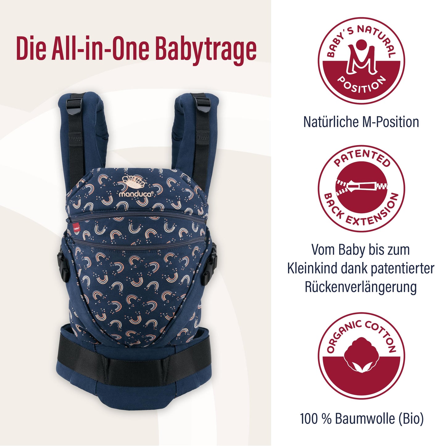 manduca XT Babytrage - Verstellbarer Sitz, der mitwächst - Vom Neugeborenen bis zum Kleinkind - Babytrage aus Bio-Baumwolle mit 3 Tragemöglichkeiten