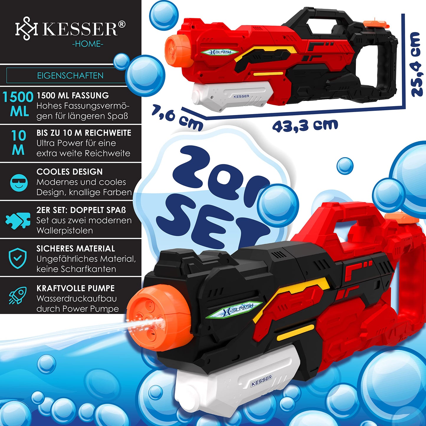 KESSER® Wasserpistole 2er Set Wasserpistolen Spritzpistolen Reichweite 10-11 Meter, Fassungsvermögen 1500ml Wasserspaß Strand Spielzeug im Freien für Kinder und Erwachsene Strandpool, Blau/Weiß