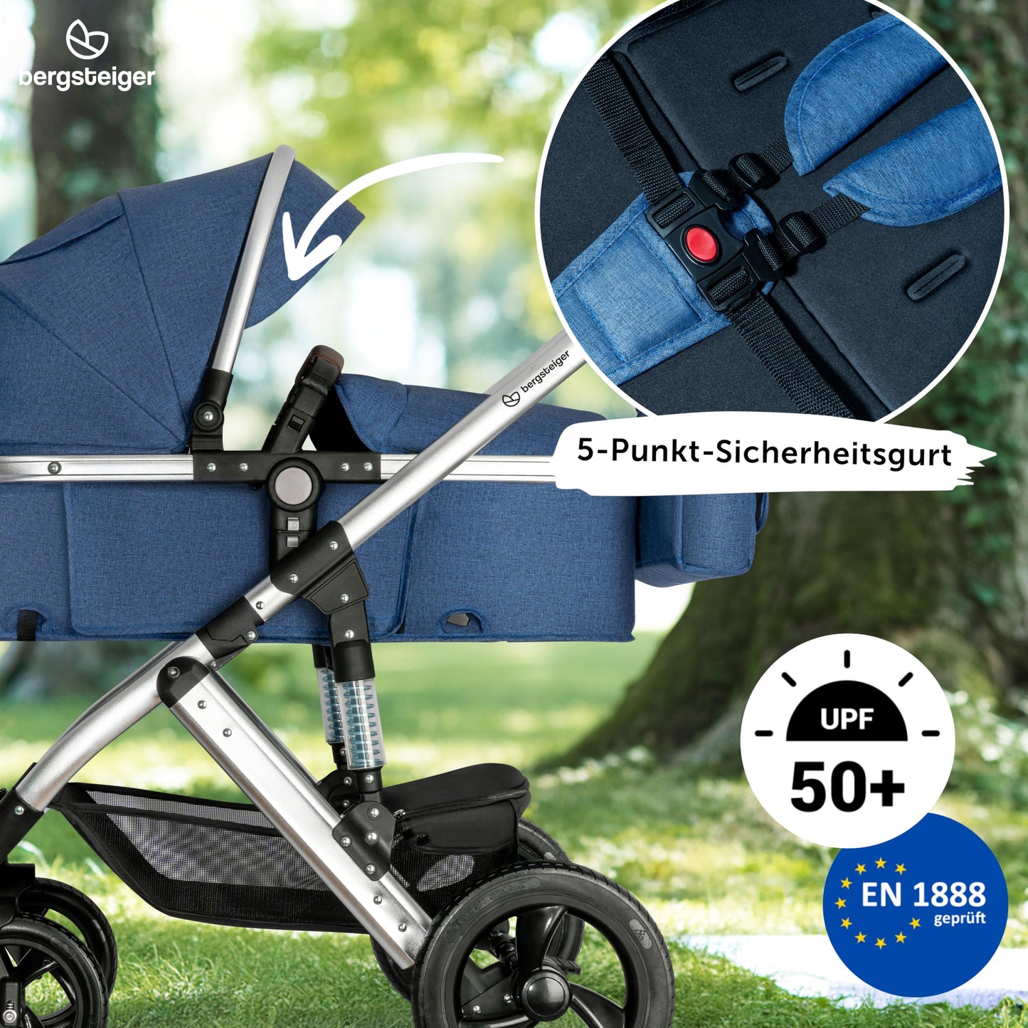Bergsteiger Nizza 3 in 1 Kinderwagen, Kombikinderwagen Komplettset, Auto-Babyschale & Isofix Station, Babywanne & Buggy Sportsitz inklusive