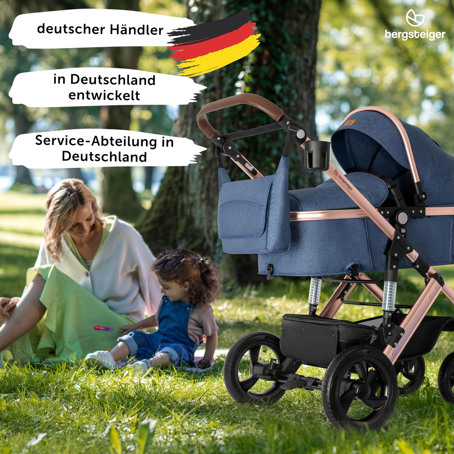Bergsteiger Nizza 3 in 1 Kinderwagen, Kombikinderwagen Komplettset, Auto-Babyschale & Isofix Station, Babywanne & Buggy Sportsitz inklusive
