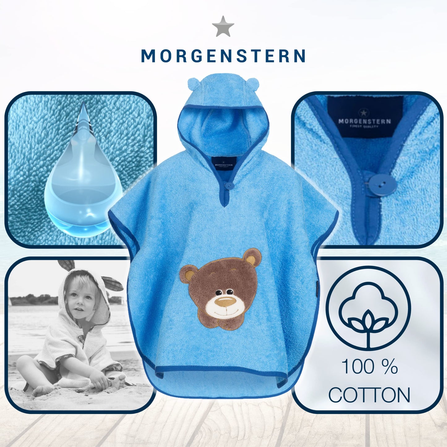 Morgenstern Bath Poncho Children's Baby Girls Boys 100% Cotton Oeko-Tex Baby Bath Towel Hooded Towel Bathrobe Terry Cloth