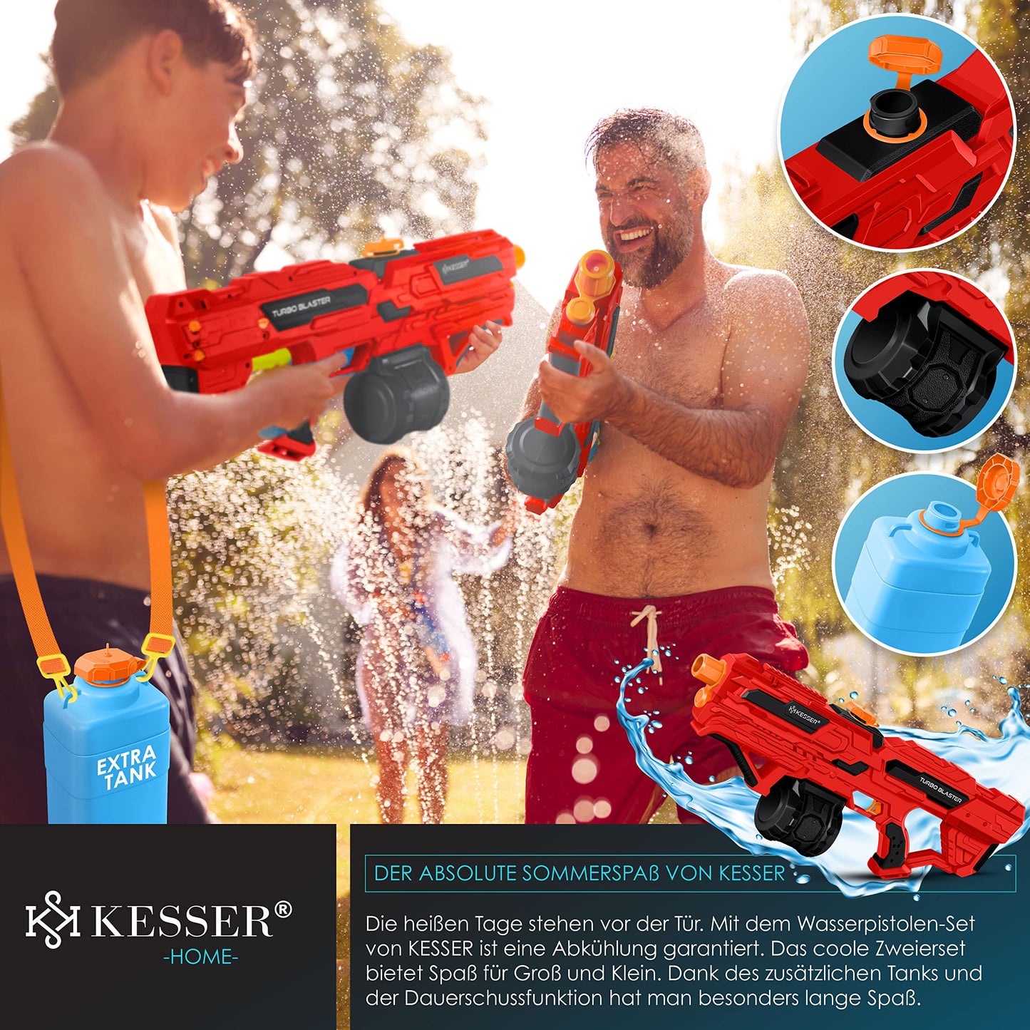 KESSER® Wasserpistole Elektrisch mit Akku Spritzpistolen 1000 ml große Wasserspritzpistole für Kinder und Erwachsene, 8m Reichweite, Wasserspielzeug inkl. Akku, Ladekabel & Extra-Tank Rot/Schwarz