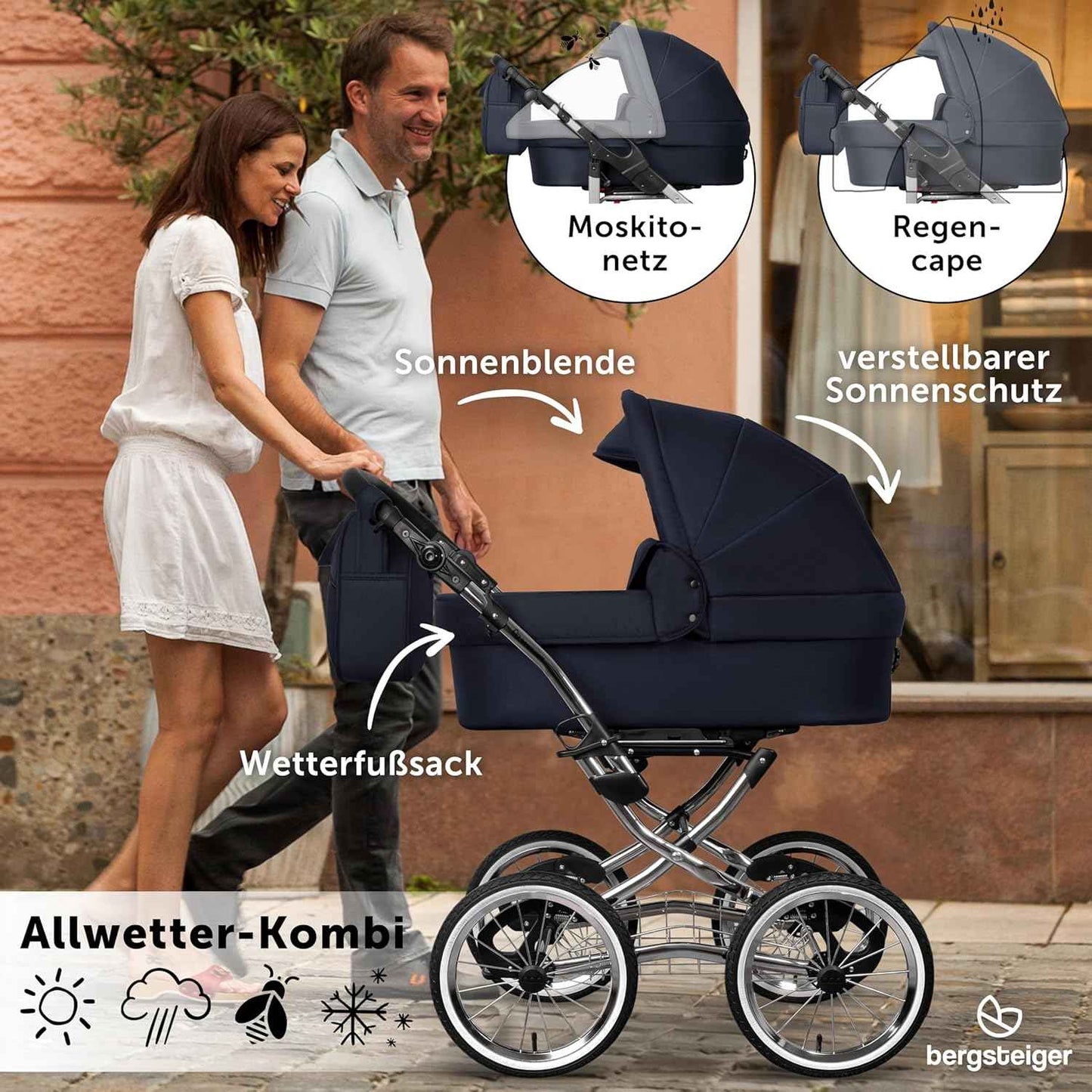 Bergsteiger Venice Nostalgia 4-in-1 Combination Pushchair - Baby Carrycot, Sports Seat, i-Size Baby Seat & Isofix Station, Pneumatic Tyres, Height Adjustable, Foldable, Accessories