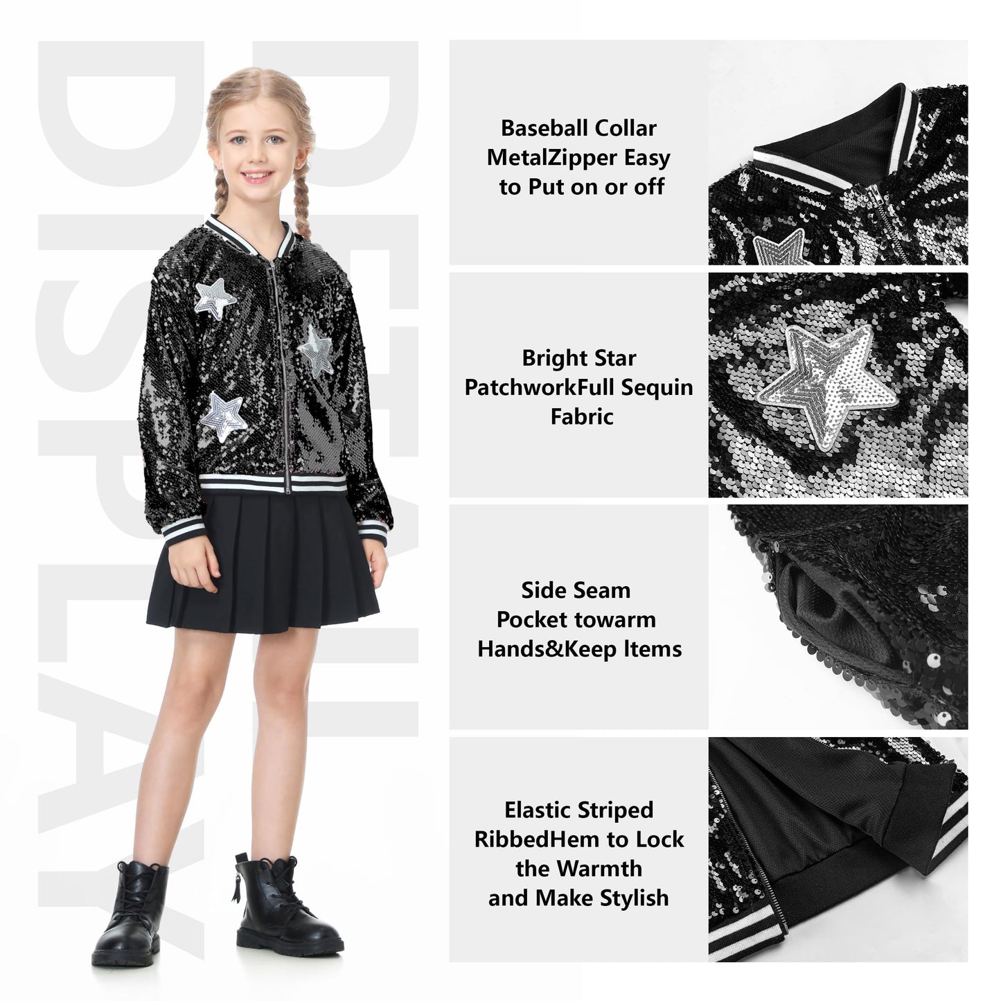 LOLANTA Girls Sequin Bomber Jacket with Pockets Zipper Long Sleeve Glitter Baseball Jackets for Kids 4-13 Years