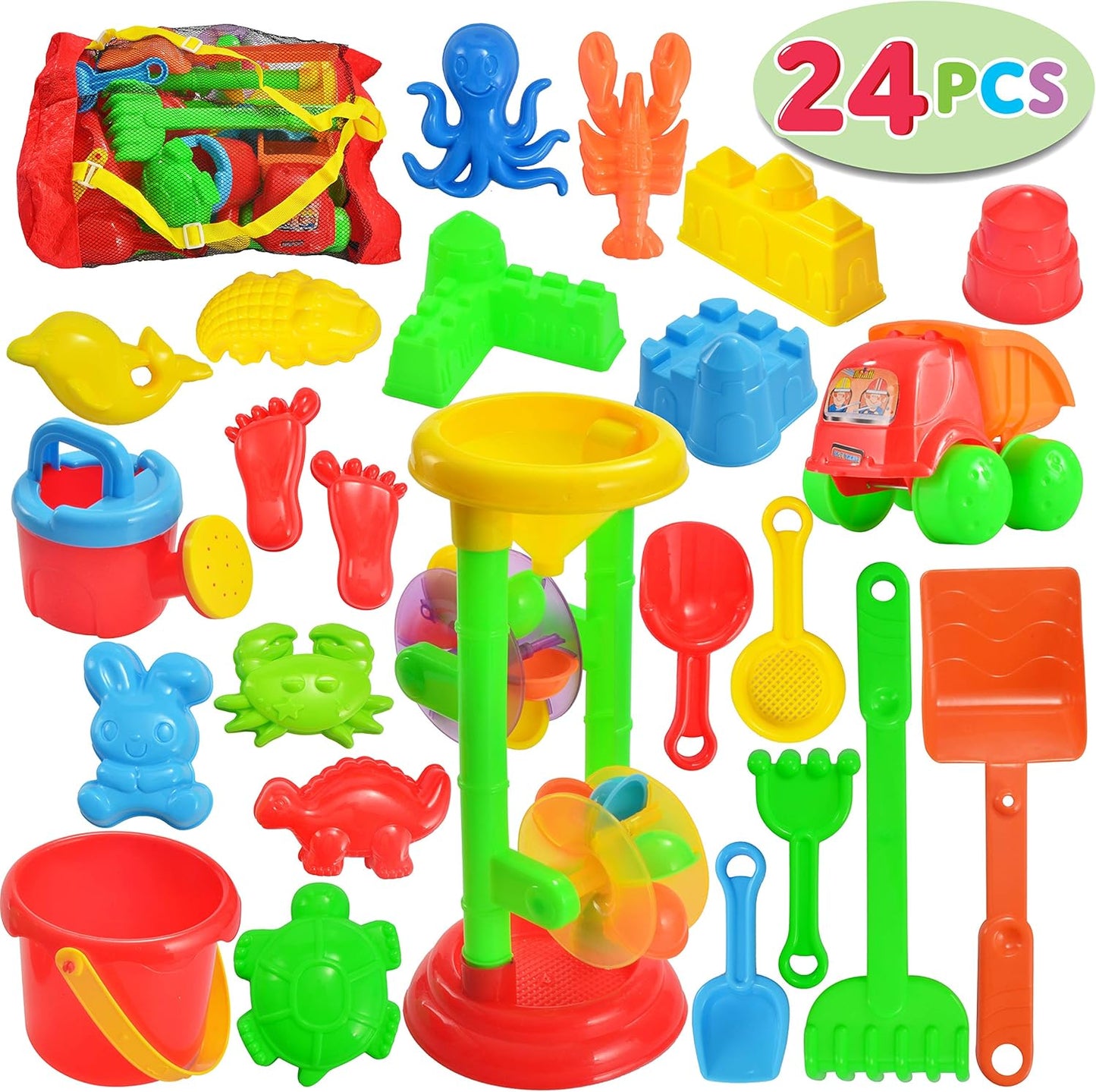 JOYIN 24 Piece Sandpit Toy Set, Beach Toy, Children's Sand Shapes, Mesh Bag, Beach, Sand Toy for Boys Girls Children Sand Toy from 3 4 5 Years