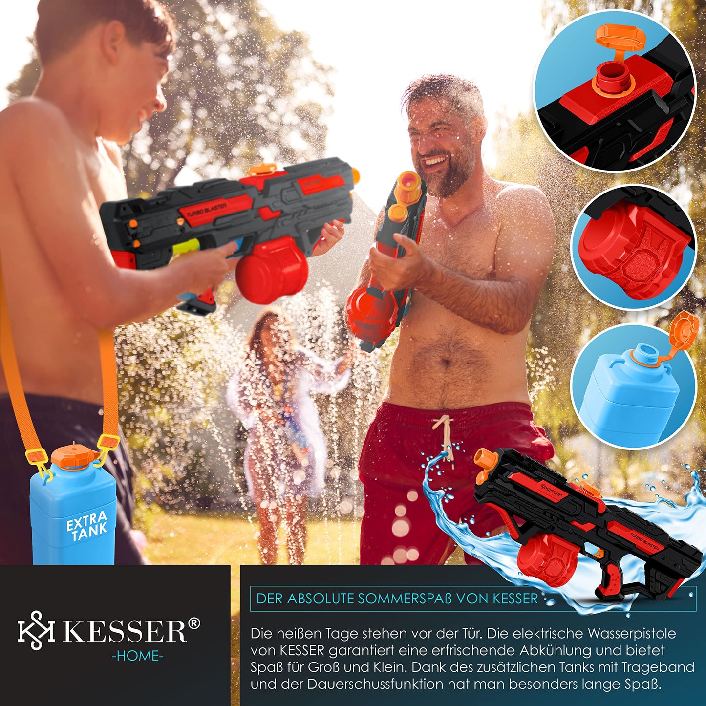 KESSER® Wasserpistole Elektrisch mit Akku Spritzpistolen 1000 ml große Wasserspritzpistole für Kinder und Erwachsene, 8m Reichweite, Wasserspielzeug inkl. Akku, Ladekabel & Extra-Tank Rot/Schwarz