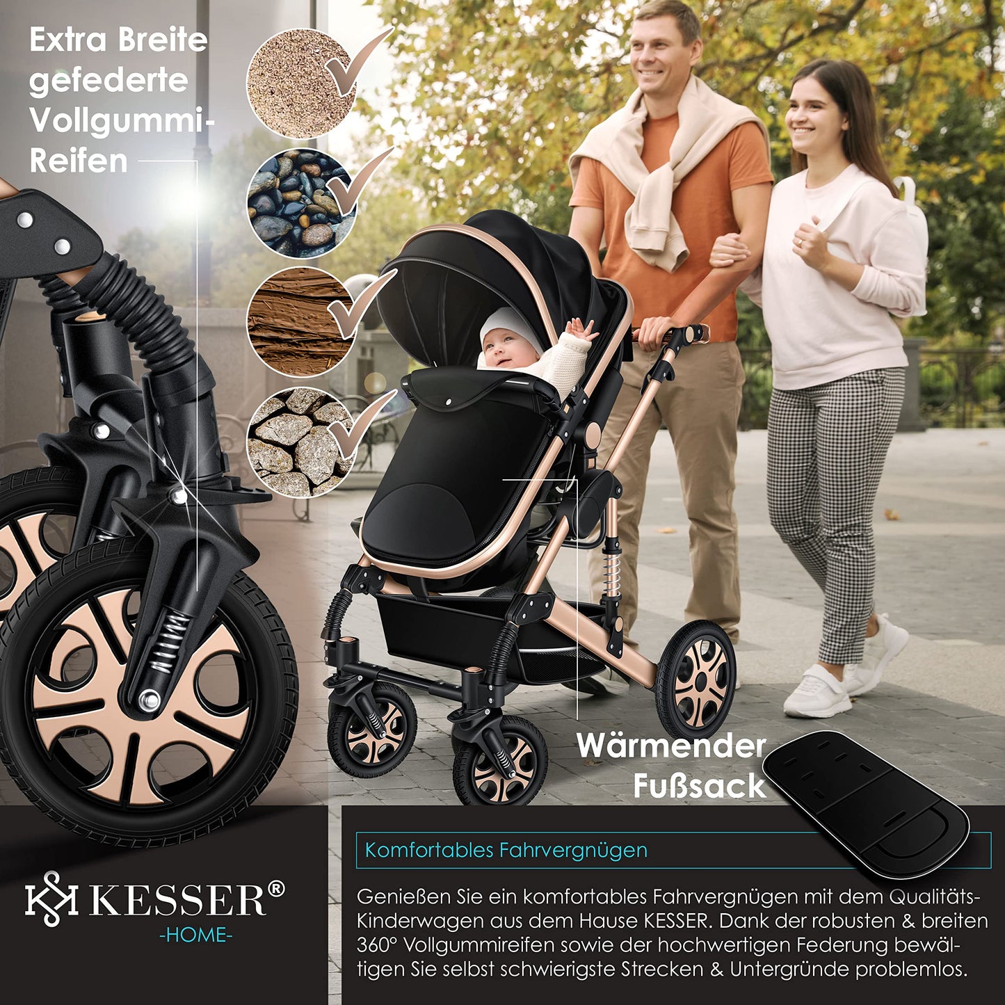 KESSER® Loops 3 in 1 Stroller Combi Stroller Complete Set including Carrycot & Buggy Sports Seat & Car Seat Solid Rubber Tires Changing Bag Rain Cover Children's Table ECE R129, Black/Champagne