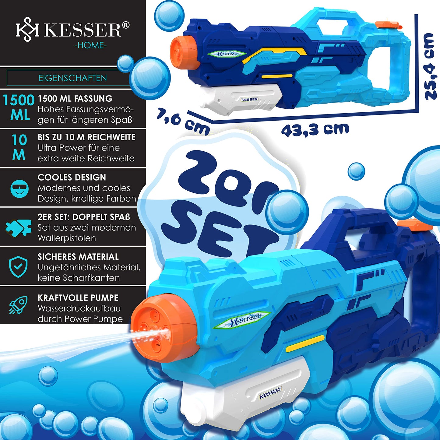 KESSER® Wasserpistole 2er Set Wasserpistolen Spritzpistolen Reichweite 10-11 Meter, Fassungsvermögen 1500ml Wasserspaß Strand Spielzeug im Freien für Kinder und Erwachsene Strandpool, Blau/Weiß