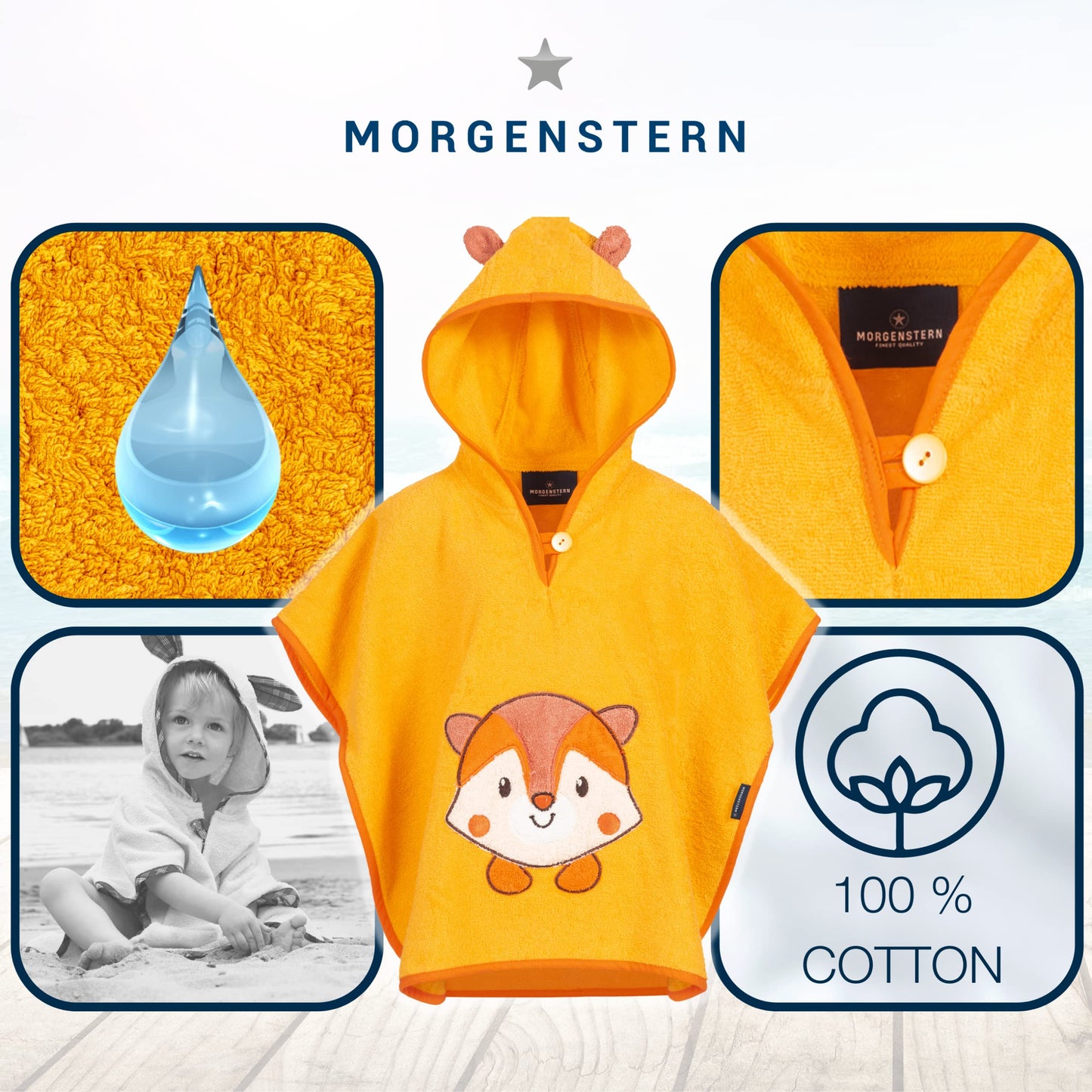Morgenstern Bath Poncho Children's Baby Girls Boys 100% Cotton Oeko-Tex Baby Bath Towel Hooded Towel Bathrobe Terry Cloth