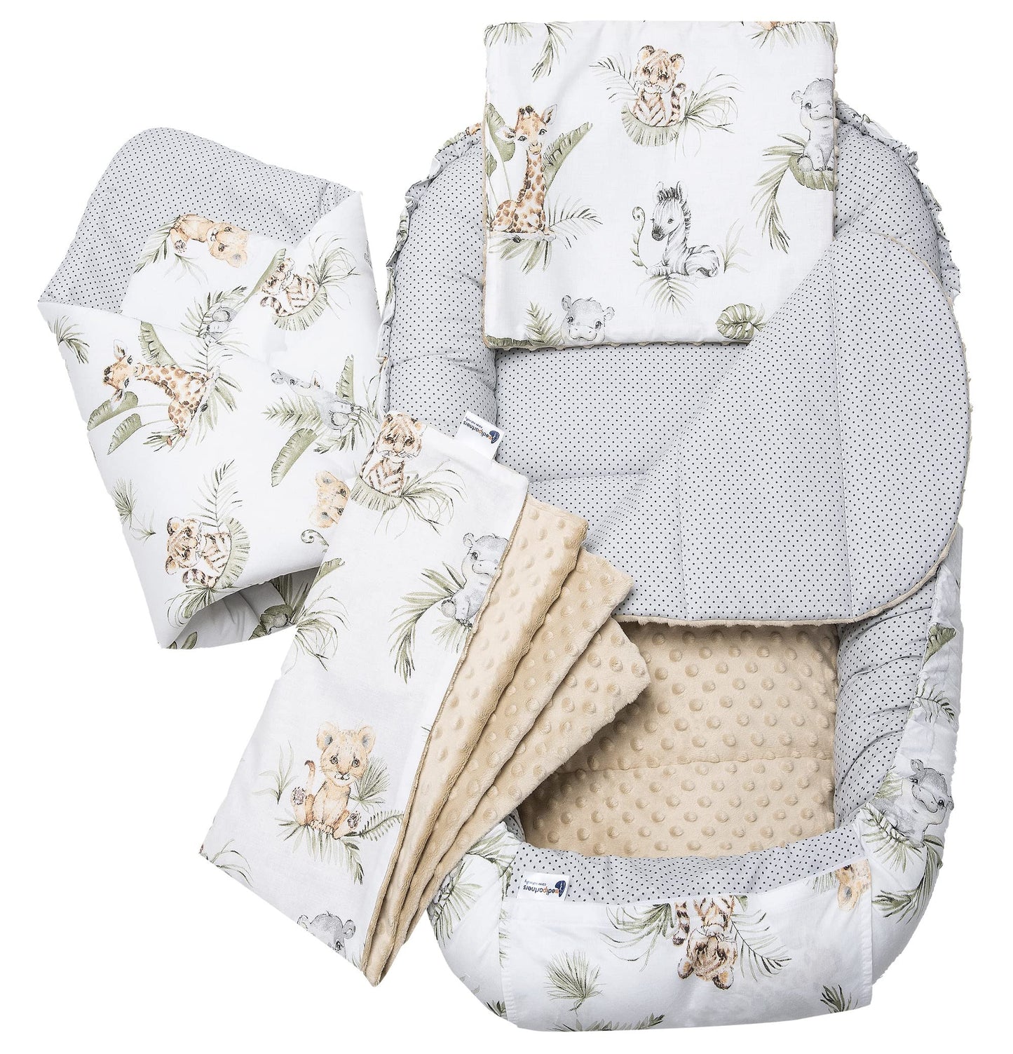 Medi Partners Babynestchen Babynest Set 100x60x15 Kuschelnest 5 teilig herausnehmbarer Einsatz Kokon Nestchen Babys Neugeborene 100% Baumwolle (REH mit Grauem Minky) - Meloni2