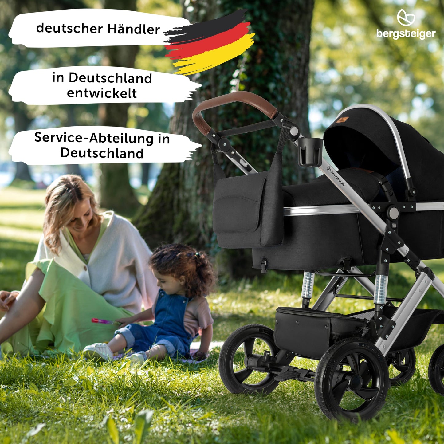 Bergsteiger Nizza 3 in 1 Kinderwagen, Kombikinderwagen Komplettset, Auto-Babyschale & Isofix Station, Babywanne & Buggy Sportsitz inklusive