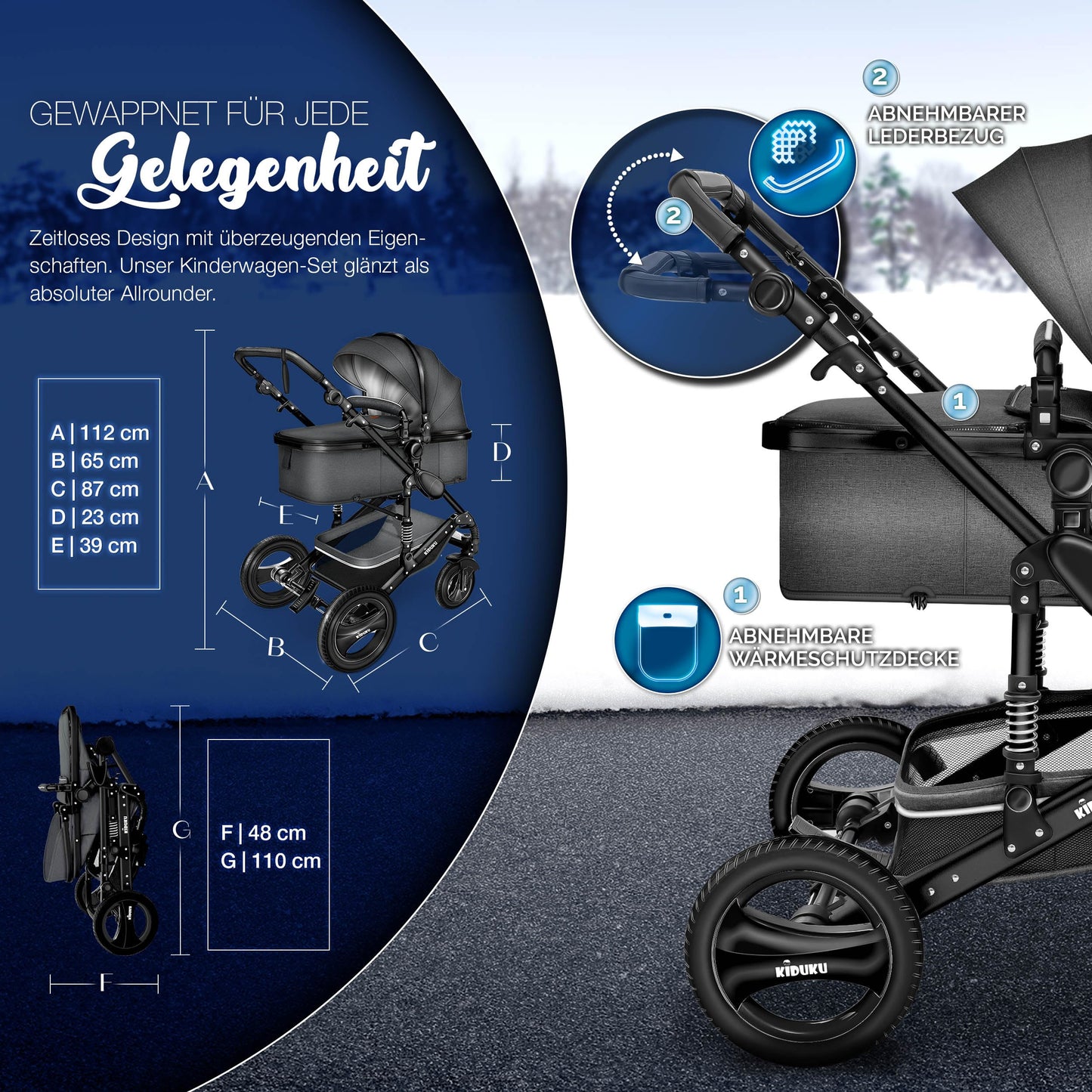 KIDUKU® 3-in-1 Stroller Complete Set | Combi Stroller Set including Carrycot & Buggy, Sports Seat & Car Seat, Footmuff | Solid Rubber Tires, Changing Bag, Hand Warmers, Rain Cover, Children's Table, ECE R129