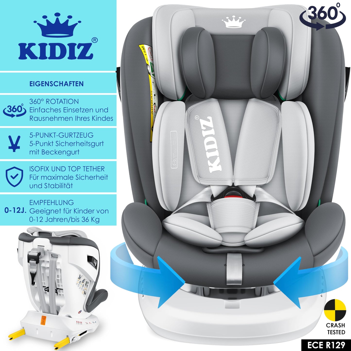 KIDIZ® Kindersitz Baby Autositz Kinderautositz Isofix Top Tether 360° drehbar Gruppe 0/1/2/3 ab Geburt 0-36kg Mit Sonnenschutzdach Seitenschutz 5 Punkt Gurt Kopfstützenverstellung ECE R129 Grau - Meloni2