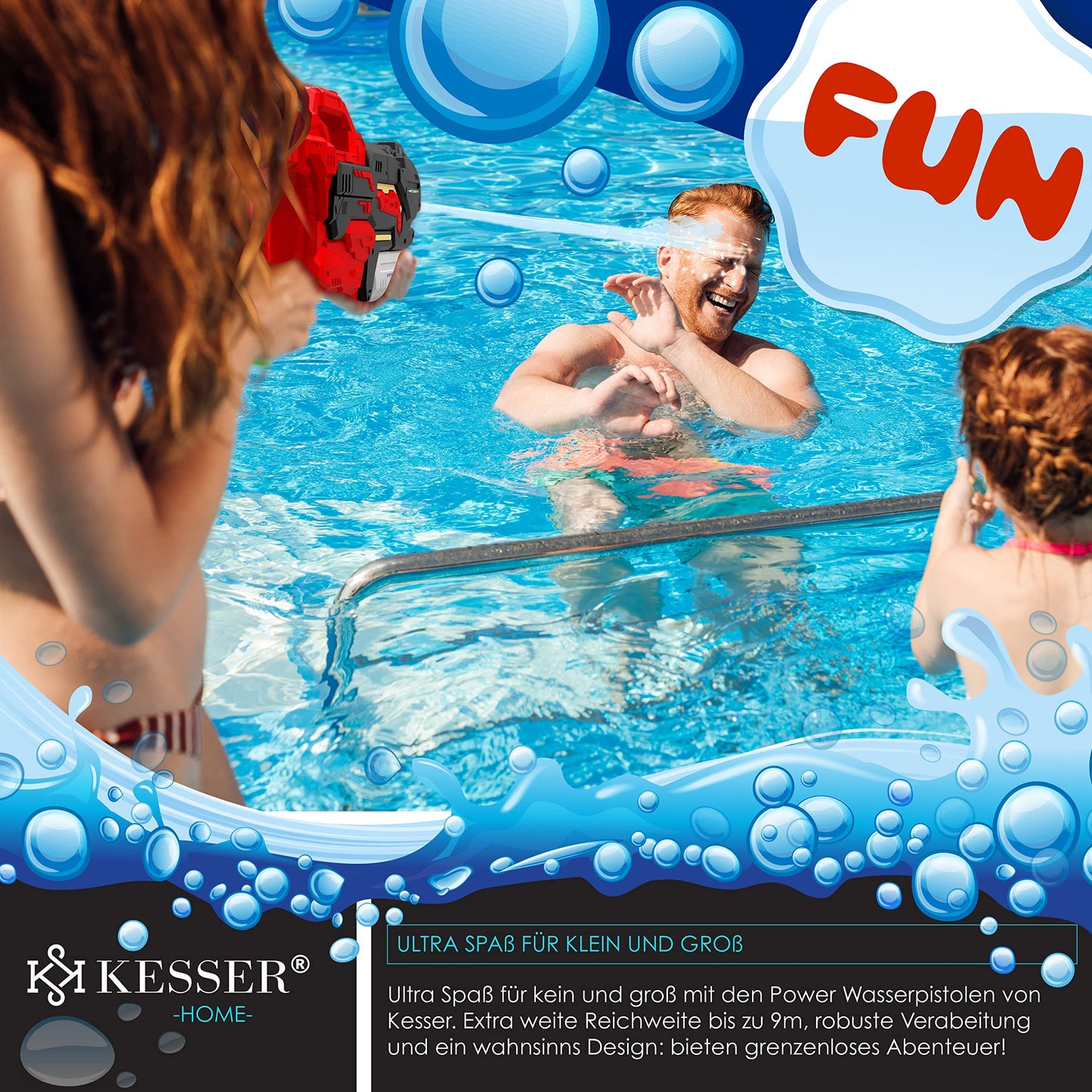 KESSER® Wasserpistole 2er Set Wasserpistolen Spritzpistolen Reichweite 10-11 Meter, Fassungsvermögen 1500ml Wasserspaß Strand Spielzeug im Freien für Kinder und Erwachsene Strandpool, Blau/Weiß