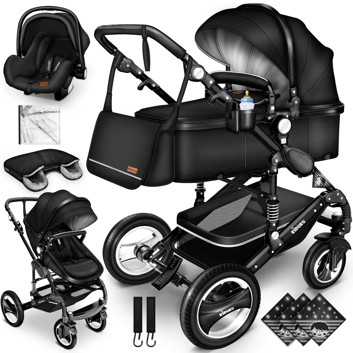 KIDUKU® 3 in 1 Kinderwagen Komplettset | Kombikinderwagen Set inkl. Babywanne & Buggy Sportsitz & Auto-Babyschale Fußsack | Vollgummireifen Wickeltasche Handwärmer Regenschutz Kindertisch ECE R129