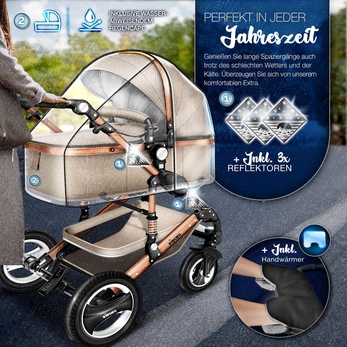 KIDUKU® 3 in 1 Kinderwagen Komplettset | Kombikinderwagen Set inkl. Babywanne & Buggy Sportsitz & Auto-Babyschale Fußsack | Vollgummireifen Wickeltasche Handwärmer Regenschutz Kindertisch ECE R129