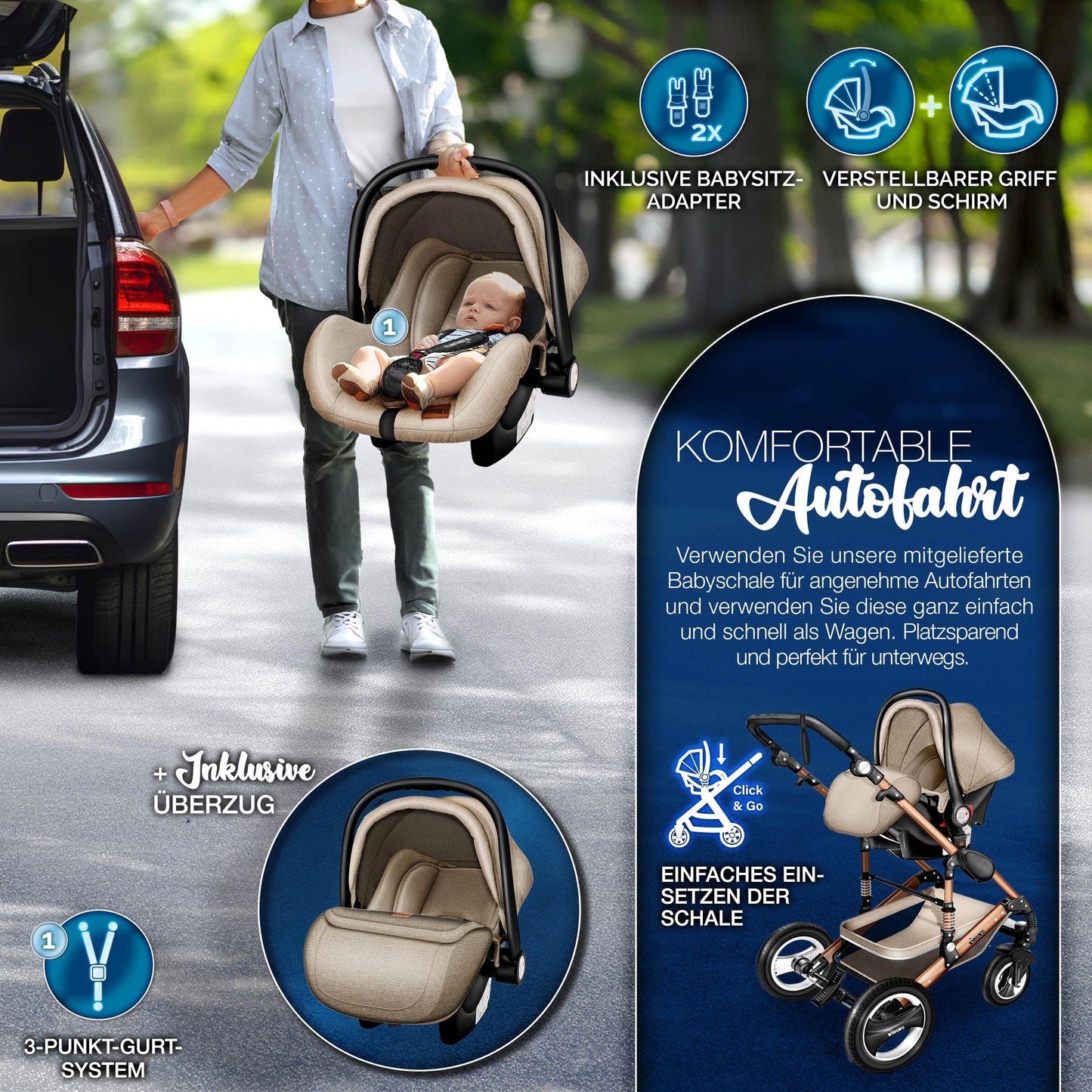 KIDUKU® 3 in 1 Kinderwagen Komplettset | Kombikinderwagen Set inkl. Babywanne & Buggy Sportsitz & Auto-Babyschale Fußsack | Vollgummireifen Wickeltasche Handwärmer Regenschutz Kindertisch ECE R129