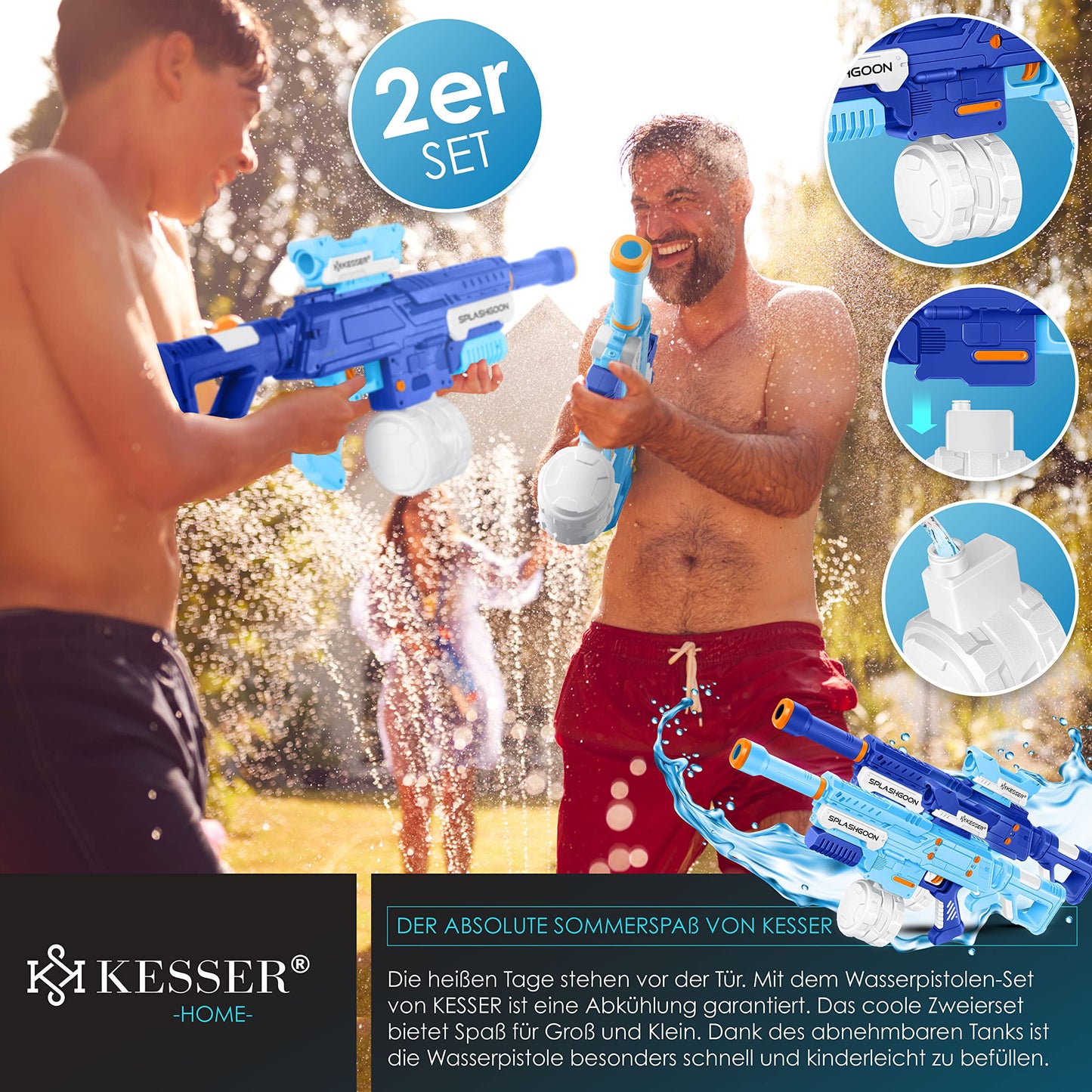 KESSER® Set mit 2 Wasserpistolen, Spritzpistolen mit Zielfernrohr, sehr große Reichweite 16 m, Kapazität 650 ml, Outdoor-Spielzeug für Kinder und Erwachsene, Weiß/Grün