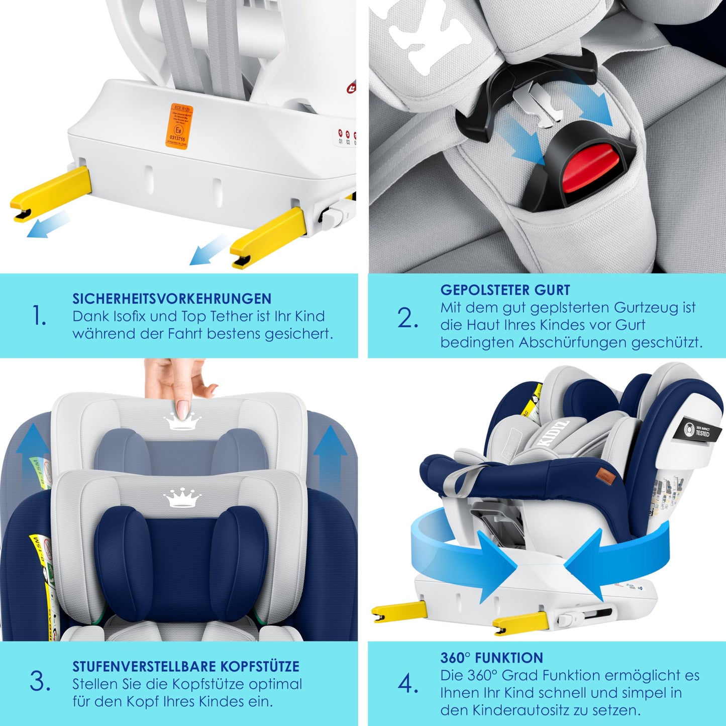 KIDIZ® Kindersitz Baby Autositz Kinderautositz Isofix Top Tether 360° drehbar Gruppe 0/1/2/3 ab Geburt 0-36kg Mit Sonnenschutzdach Seitenschutz 5 Punkt Gurt Kopfstützenverstellung ECE R129 Grau - Meloni2