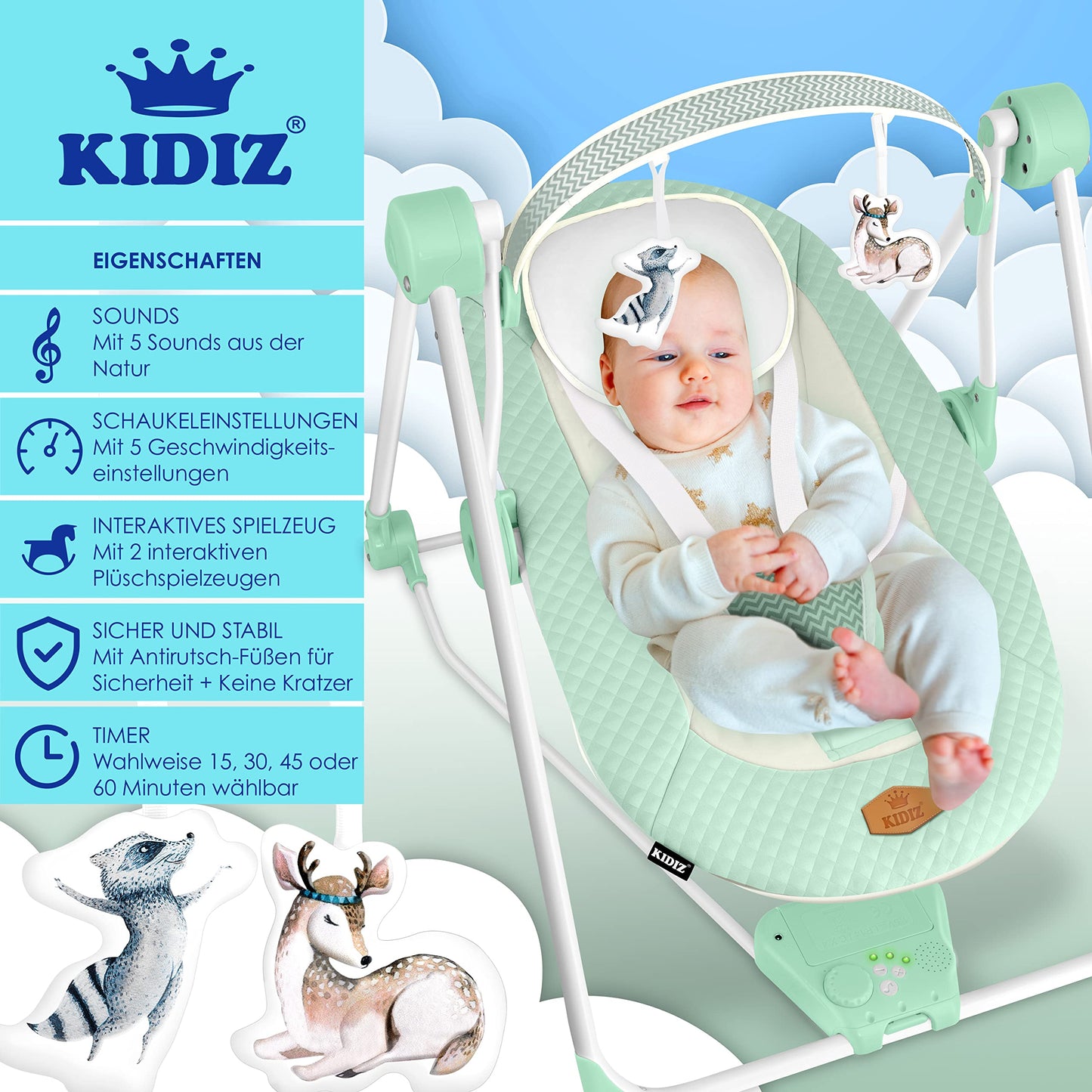 KIDIZ® Baby Rocker Baby Swing with 5 Speed Settings Foldable Baby Rocker Swing Baby High Chair with Play Arch Toys 5 Soothing Natural Sounds Newborn Anthracite