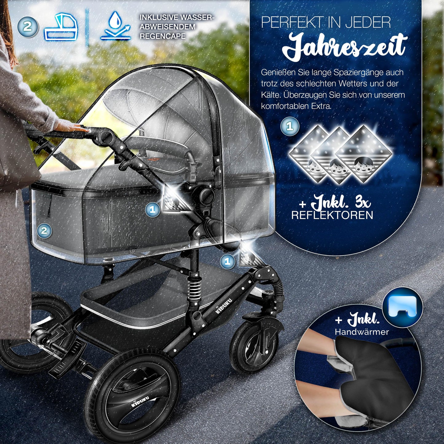 KIDUKU® 3-in-1 Stroller Complete Set | Combi Stroller Set including Carrycot & Buggy, Sports Seat & Car Seat, Footmuff | Solid Rubber Tires, Changing Bag, Hand Warmers, Rain Cover, Children's Table, ECE R129