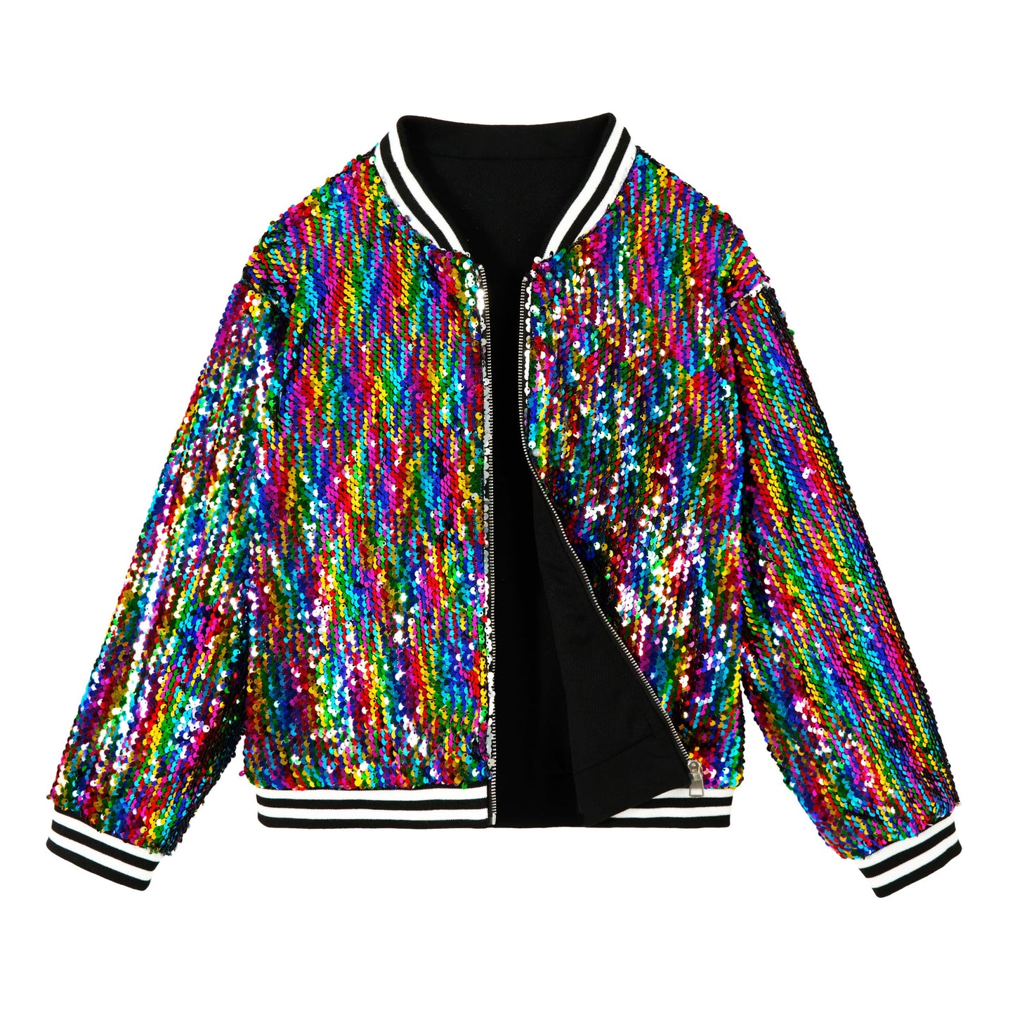LOLANTA Girls Sequin Bomber Jacket with Pockets Zipper Long Sleeve Glitter Baseball Jackets for Kids 4-13 Years