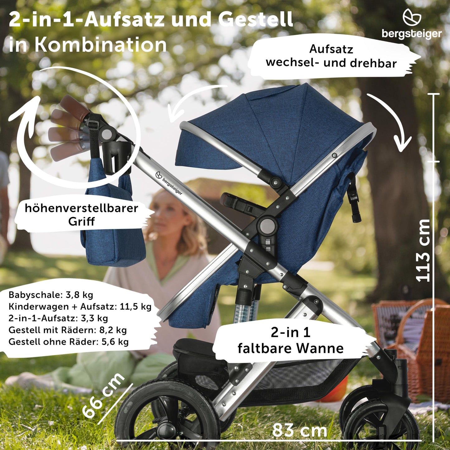 Bergsteiger Nizza 3 in 1 Kinderwagen, Kombikinderwagen Komplettset, Auto-Babyschale & Isofix Station, Babywanne & Buggy Sportsitz inklusive