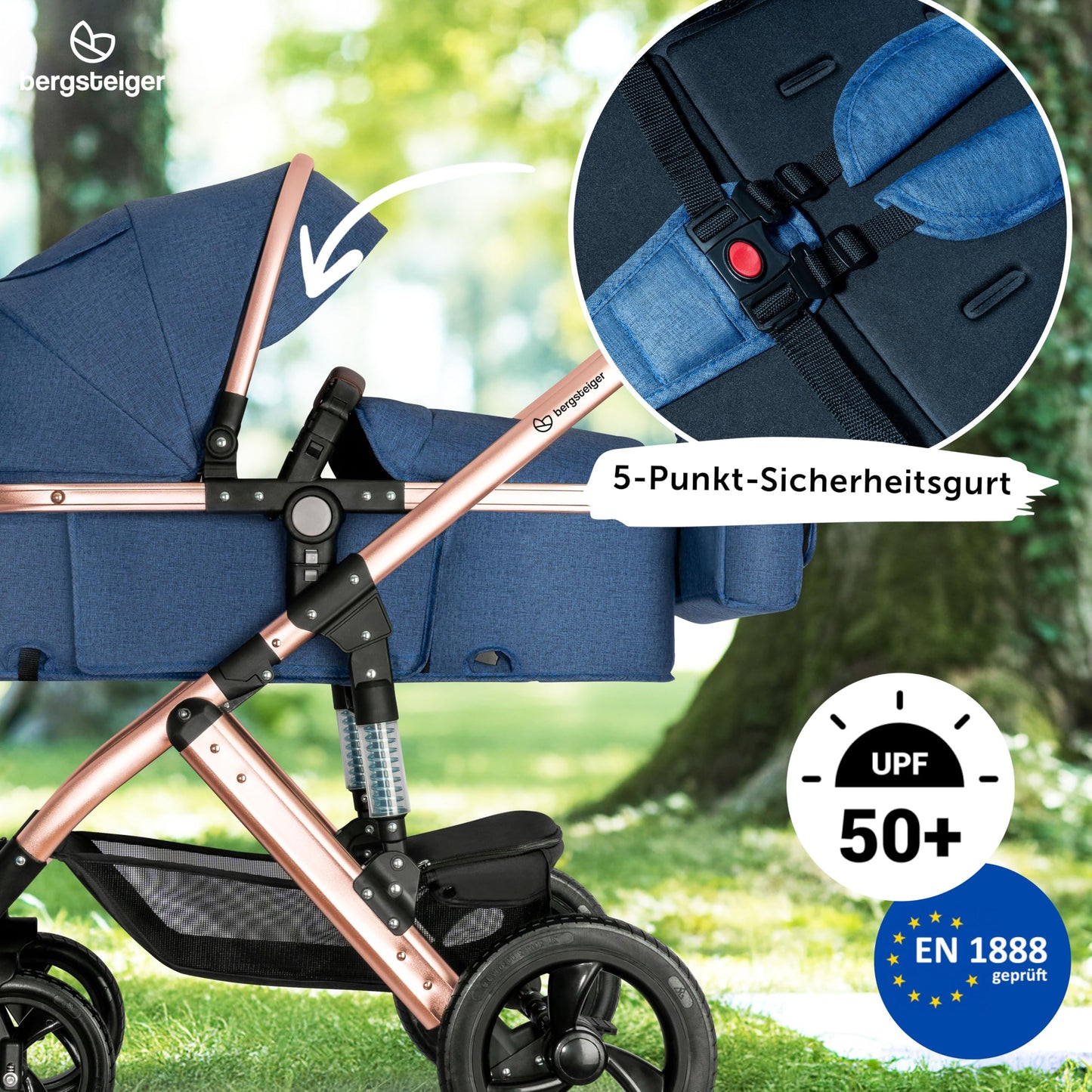Bergsteiger Nizza 3 in 1 Kinderwagen, Kombikinderwagen Komplettset, Auto-Babyschale & Isofix Station, Babywanne & Buggy Sportsitz inklusive