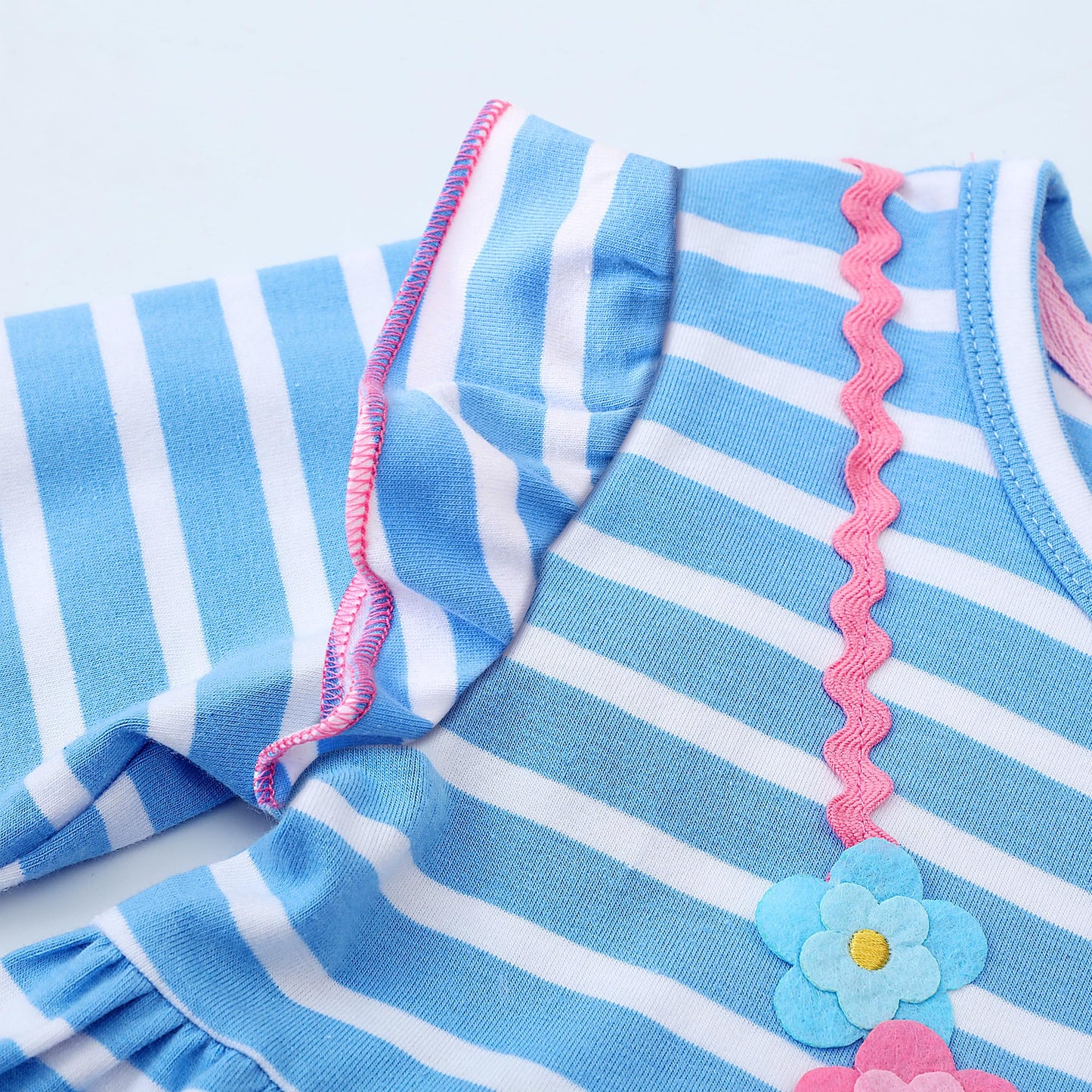 JinBei Mädchen Kleid Baumwolle Rundhals Rüschen Ärmellos Lässige Einhorn Cartoon-Applikationen Blau/Weiße Gestreift Kleidung Kinder Sommer Party Festliches Prinzessin A-Linie Kleider Gr. 98-128