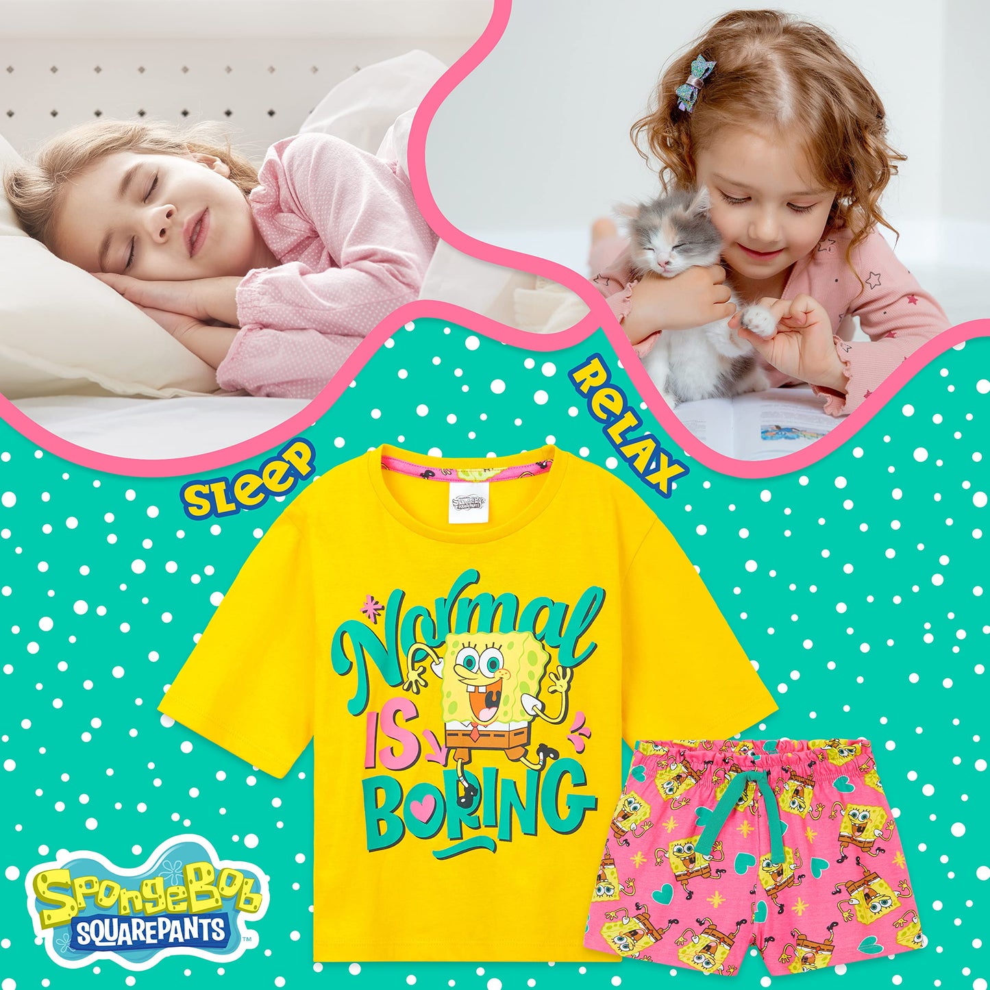 SPONGEBOB SQUAREPANTS Pyjama Kinder Teenager Weiche Mädchen Schlafanzug Kurz Sommer Lounge Set Geschenk für Mädchen