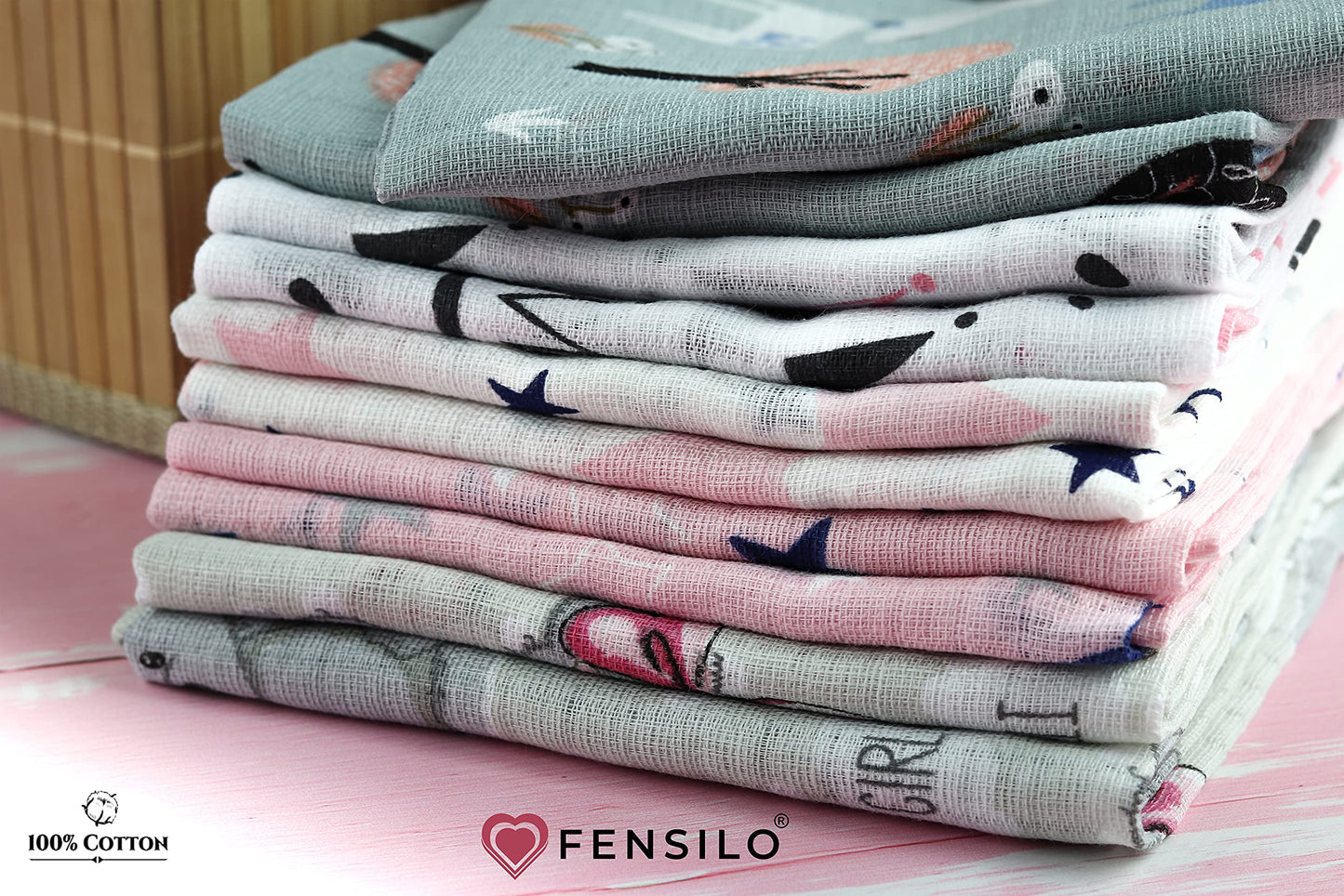 FENSILO - Mulltücher - Mullwindeln - 10er Pack 70x80 cm - Stoffwindeln, Made IN EU, schadstoffgeprüft - Spucktücher Set für Mädchen – Baby Mullwindeln- Rosa - Oeko-TEX Zertifiziert