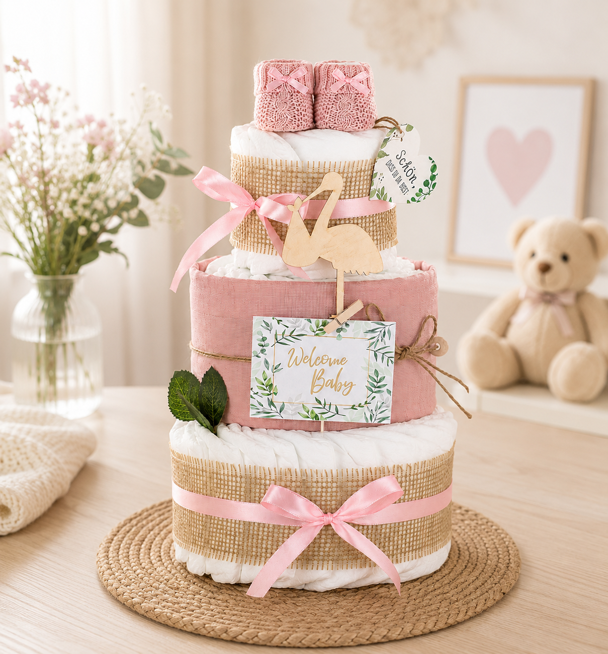 Windeltorte Storch mit Bündel | inkl. Babybooties und Mullwindel, rosa