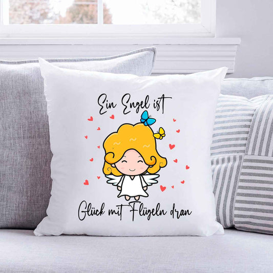 Bedrucktes Kissen mit Spruch Ein Engel ist Glück mit Flügeln dran