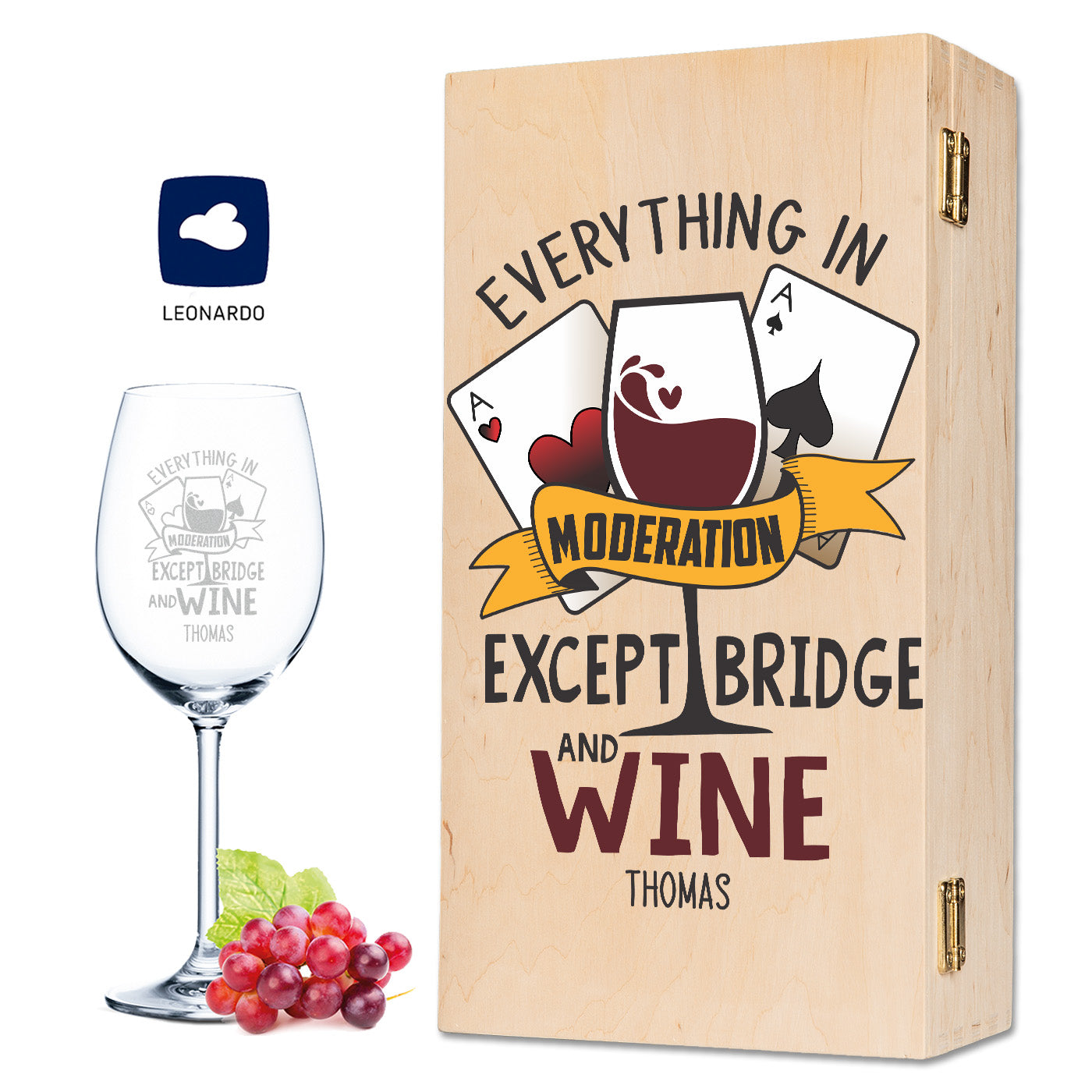 Leonardo Weinglas mit Gravur "Everything in moderation except Bridge and Wine"