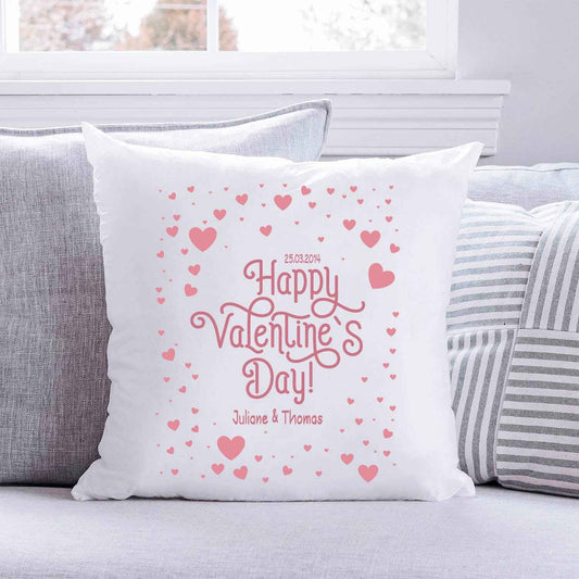 Bedrucktes Kissen mit Motiv Happy Valentines day Hearts