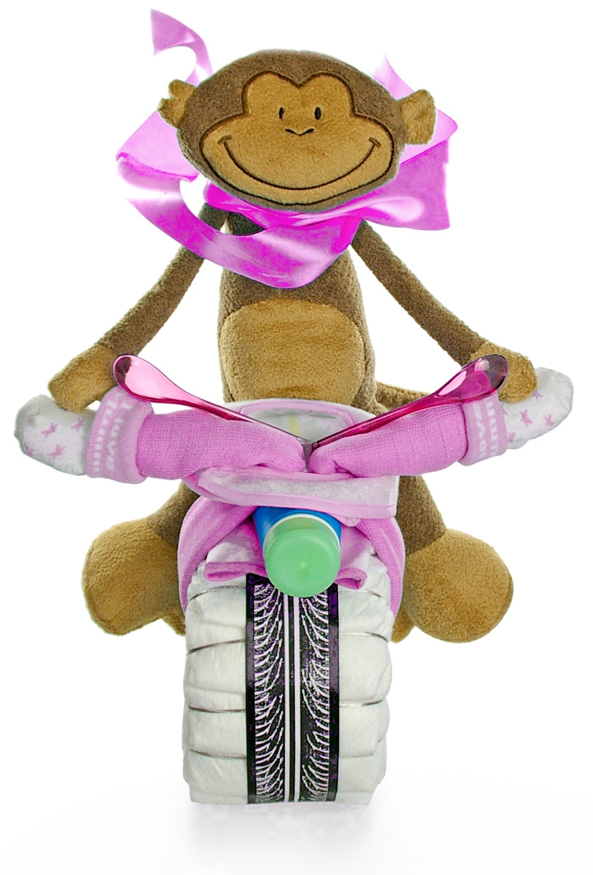 Windeltorte Motorrad ROCKSTAR + Fahrer Schlenkeraffe rosa