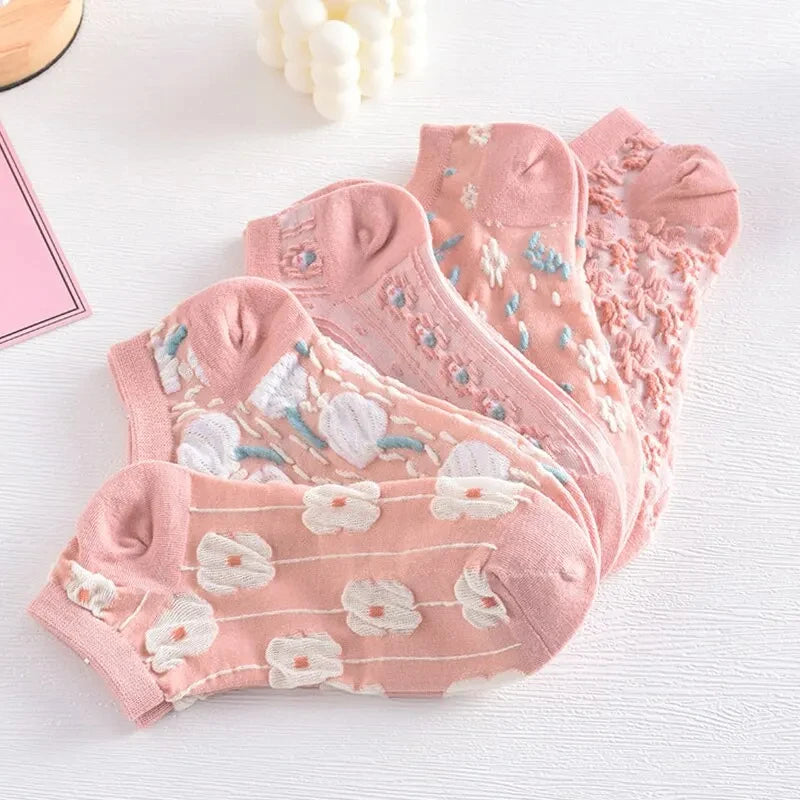 5 Pairs of Kawaii Cute Flower 3D Textured Ankle Socks - Vintage Style - Meloni2