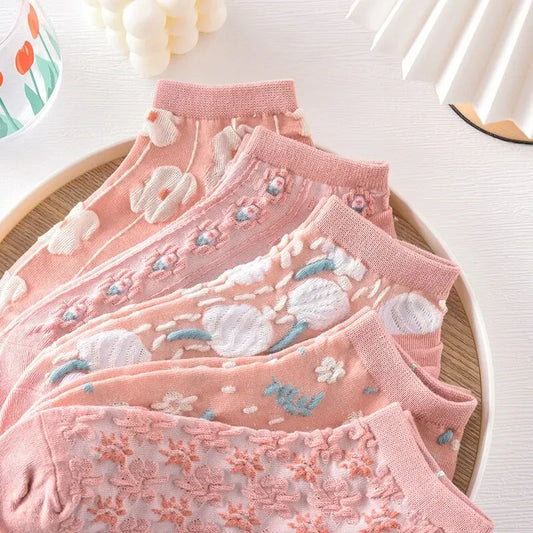 5 Pairs of Kawaii Cute Flower 3D Textured Ankle Socks - Vintage Style - Meloni2