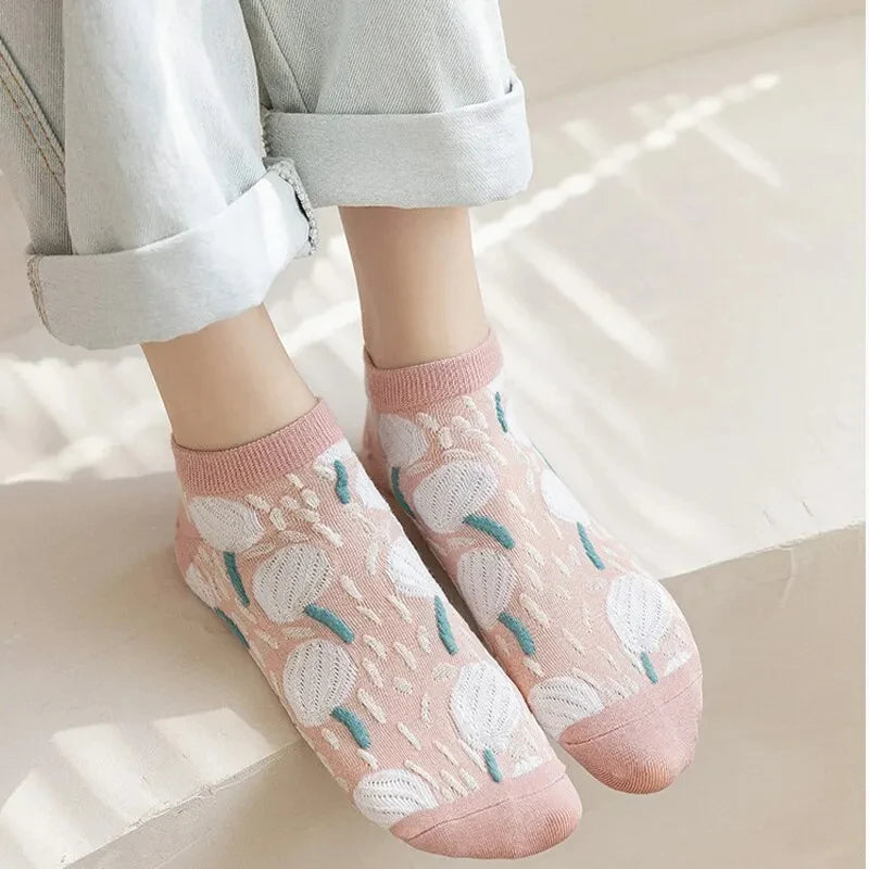 5 Pairs of Kawaii Cute Flower 3D Textured Ankle Socks - Vintage Style - Meloni2