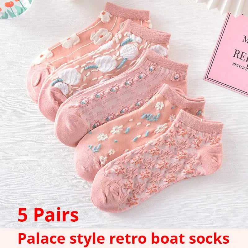 5 Pairs of Kawaii Cute Flower 3D Textured Ankle Socks - Vintage Style - Meloni2