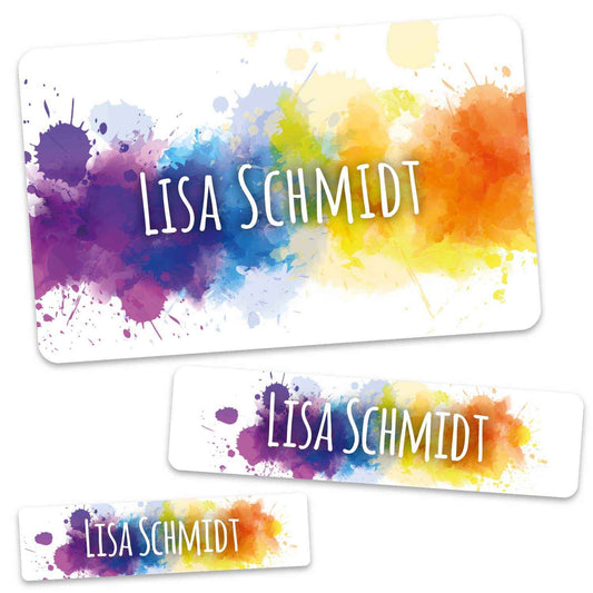 Schuletiketten mit Namen - Color Splash Design - 100 Aufkleber in verschiedenen Größen