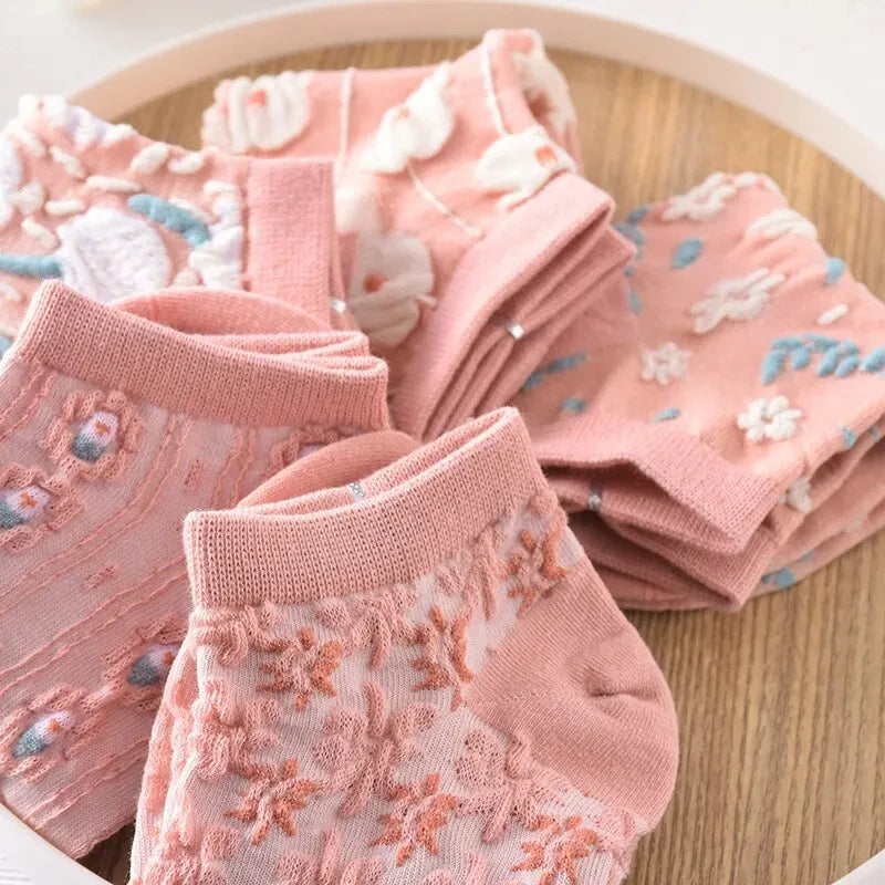 5 Pairs of Kawaii Cute Flower 3D Textured Ankle Socks - Vintage Style - Meloni2